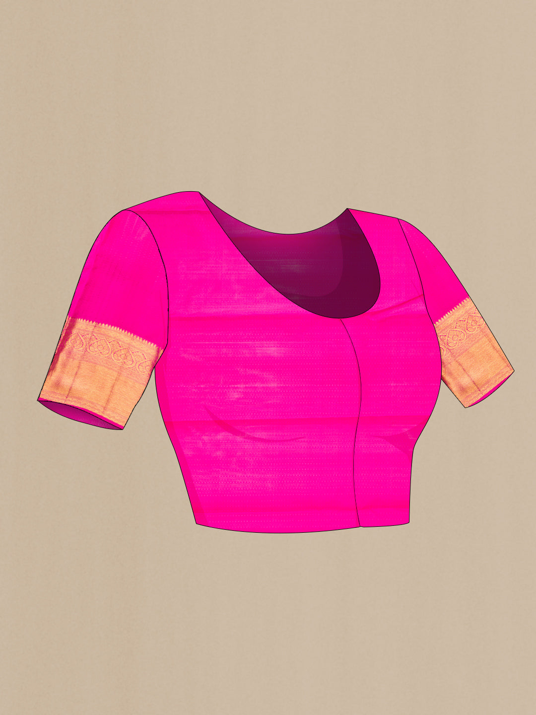 Close up image of the blouse of Pink Kanchipuram Silk Saree with Zari Brocade on the body and Zari Border. 