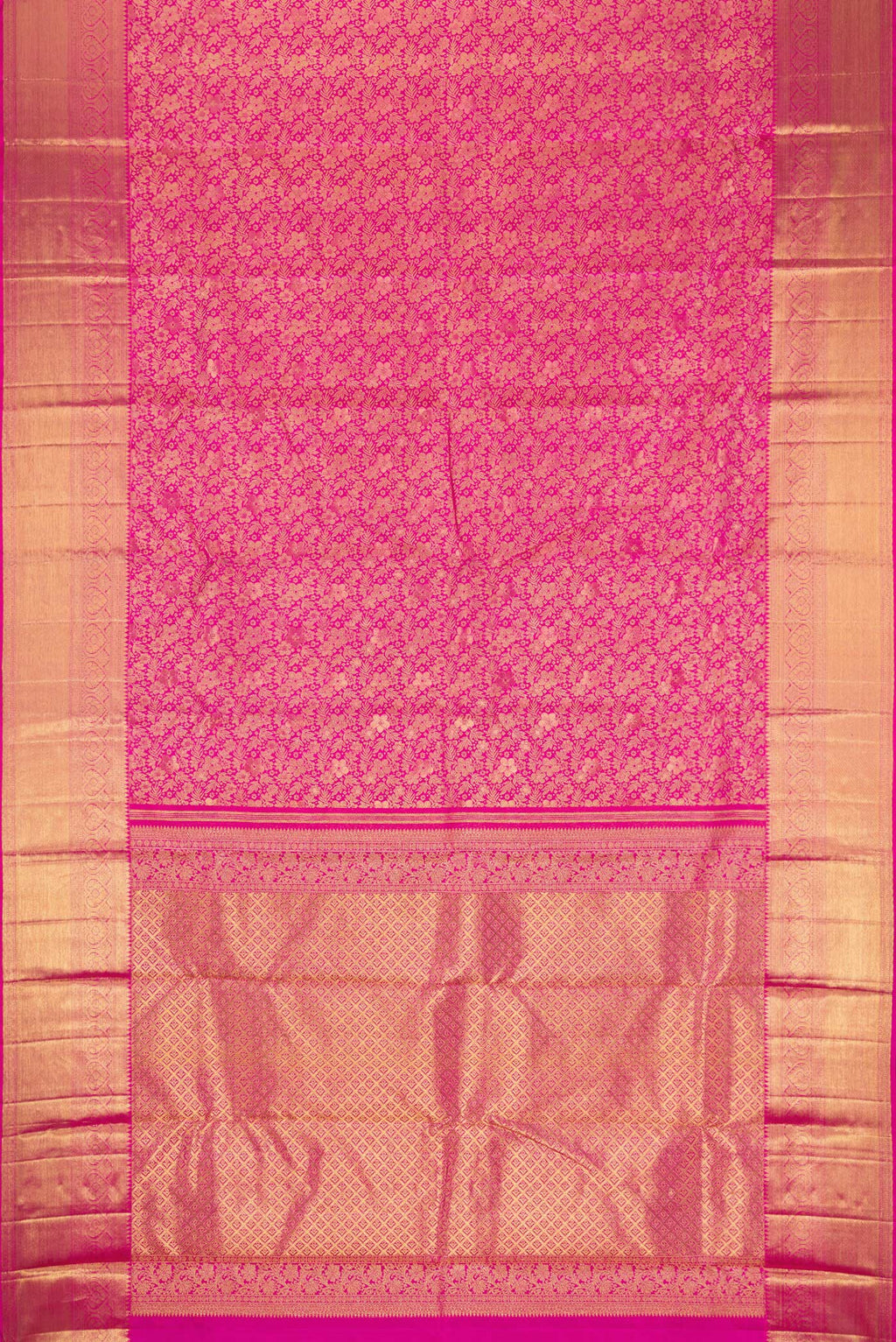 Flat view of Pink Kanchipuram Silk Saree with Zari Brocade on the body and Zari Border. 