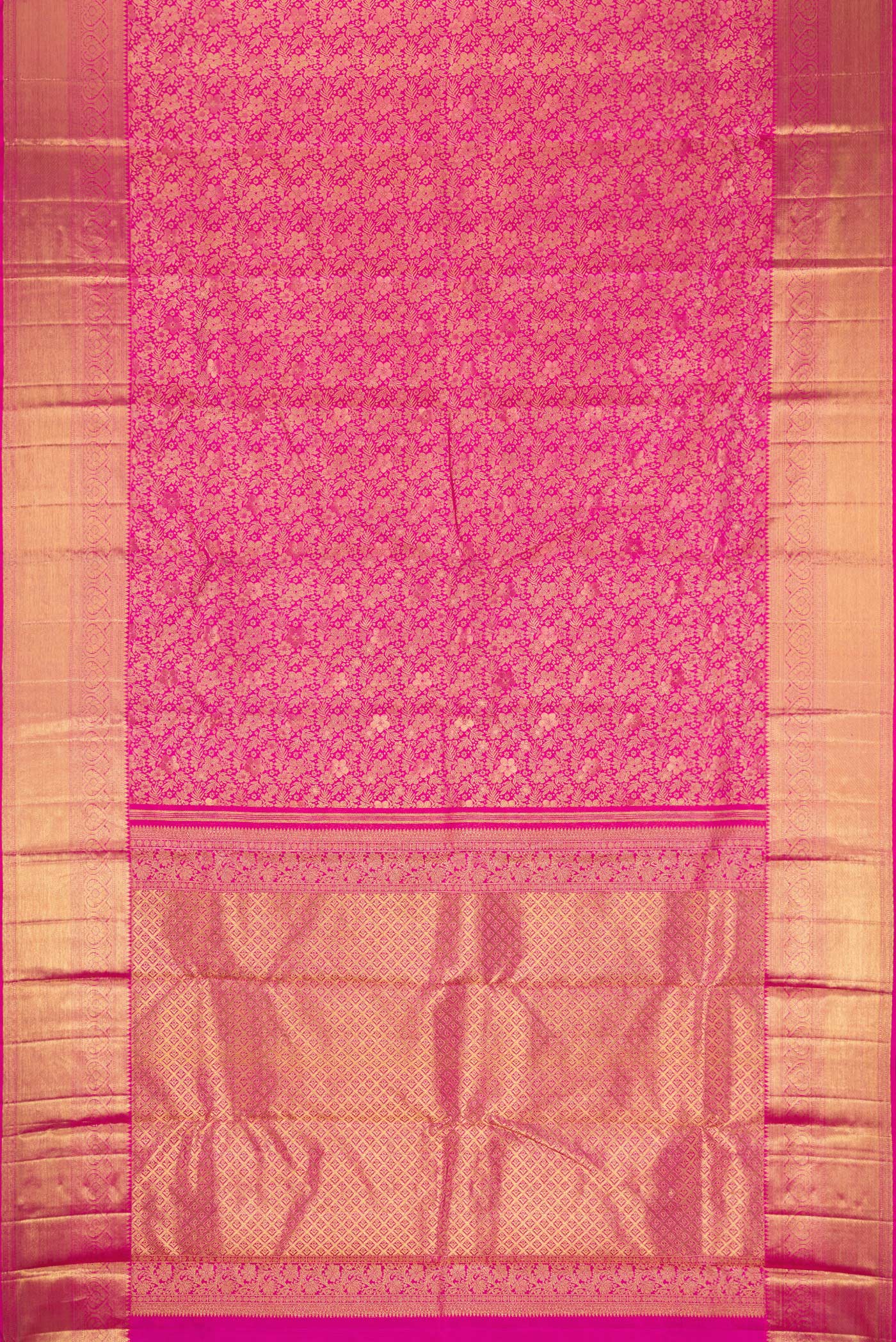 Flat view of Pink Kanchipuram Silk Saree with Zari Brocade on the body and Zari Border. 