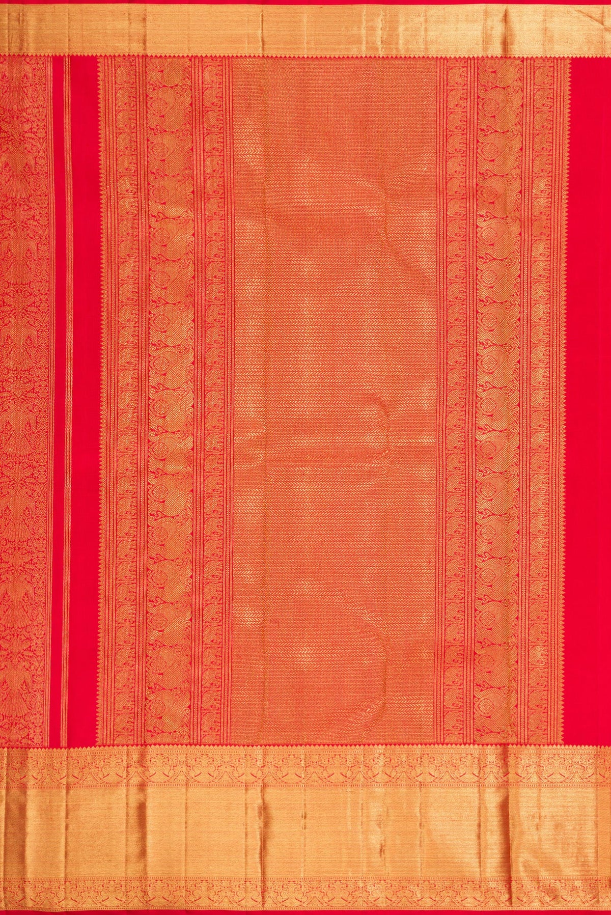 Close up image of the pallu of Pure Silk Pure Zari Red Dual Tone Kanjivaram Saree with Zari Brocade on the body and Zari Border. 
