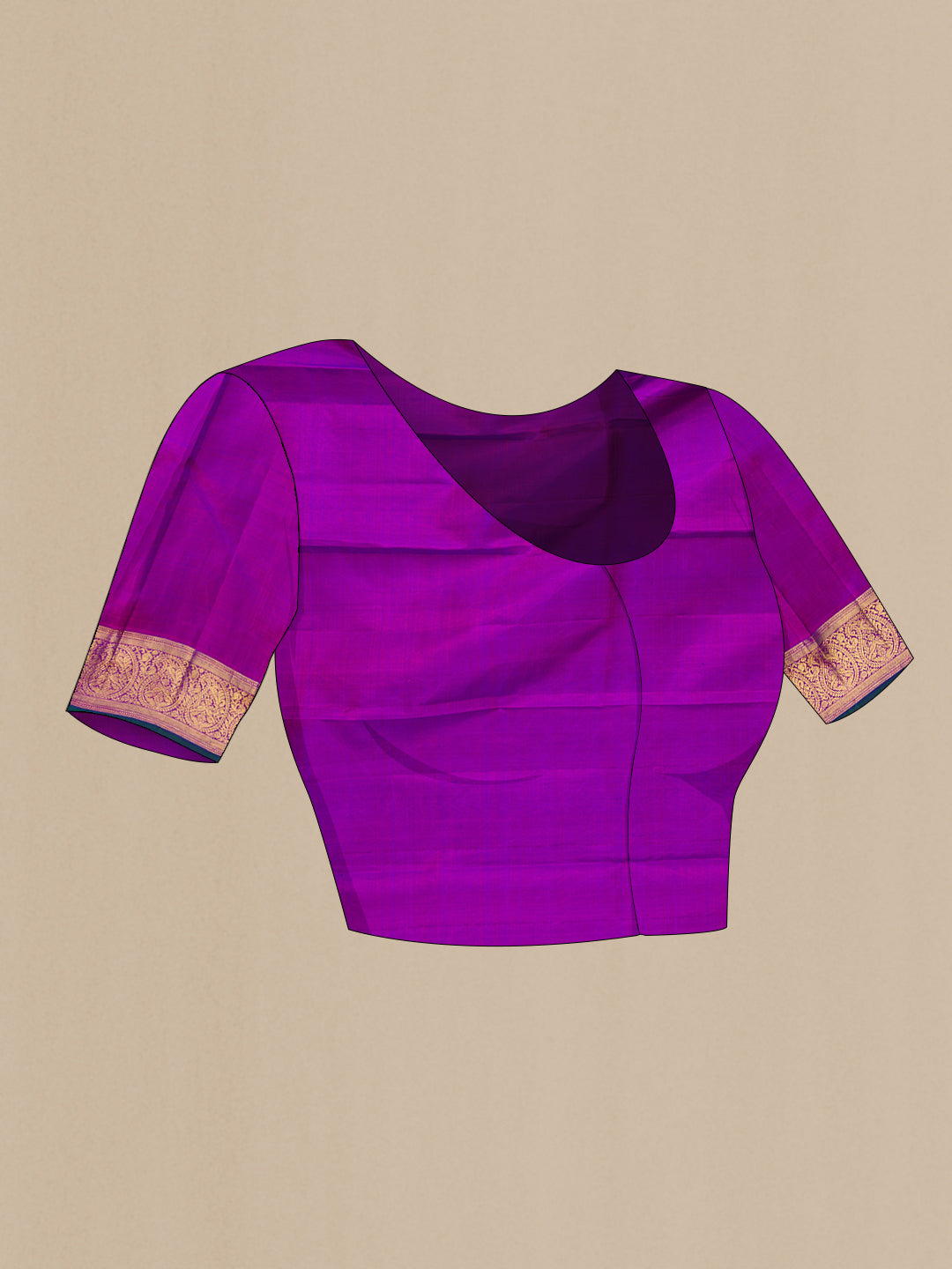 Close up image of the blouse of Pure Silk Pure Zari Royal Blue Kanjivaram Saree with Checked design on the body and Zari Border. 