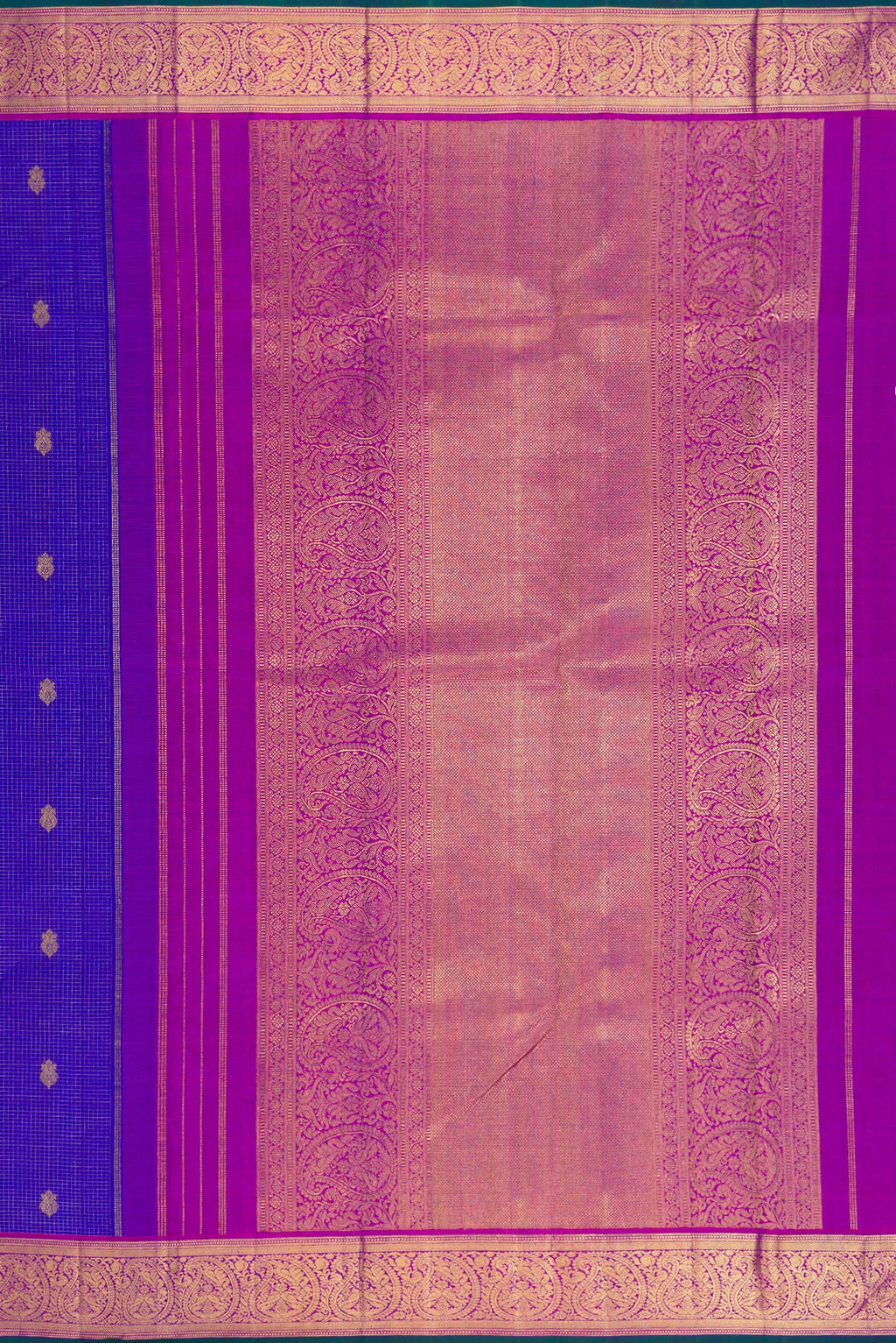Close up image of the pallu of Pure Silk Pure Zari Royal Blue Kanjivaram Saree with Checked design on the body and Zari Border. 