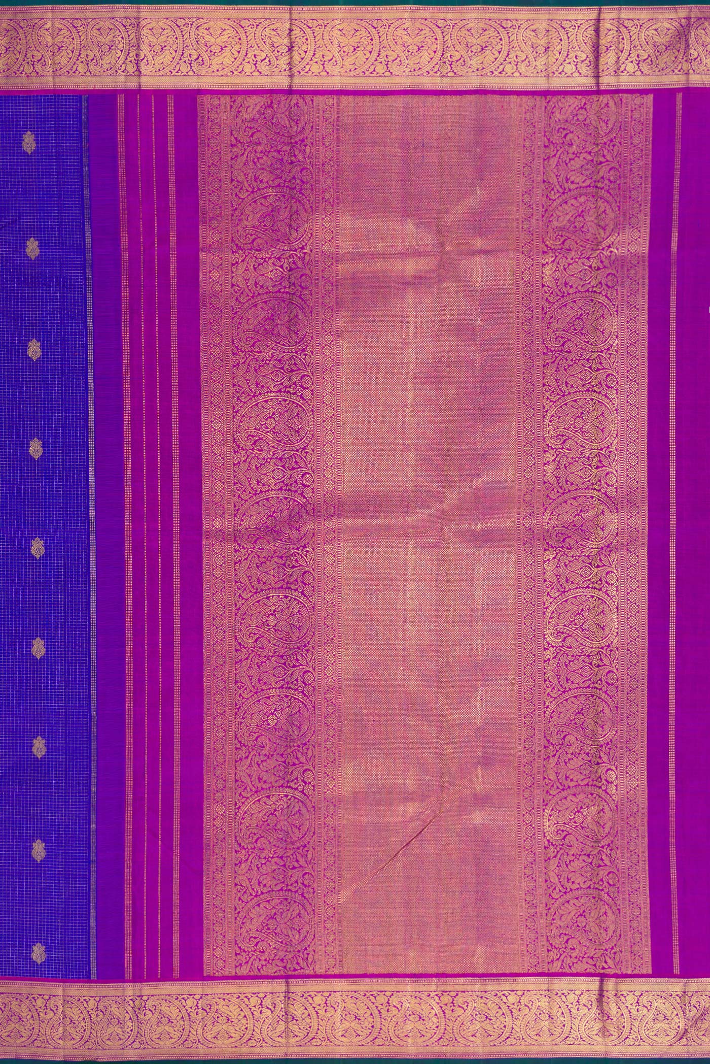 Close up image of the pallu of Pure Silk Pure Zari Royal Blue Kanjivaram Saree with Checked design on the body and Zari Border. 