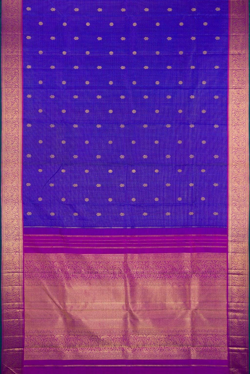 Flat view of Pure Silk Pure Zari Royal Blue Kanjivaram Saree with Checked design on the body and Zari Border. 