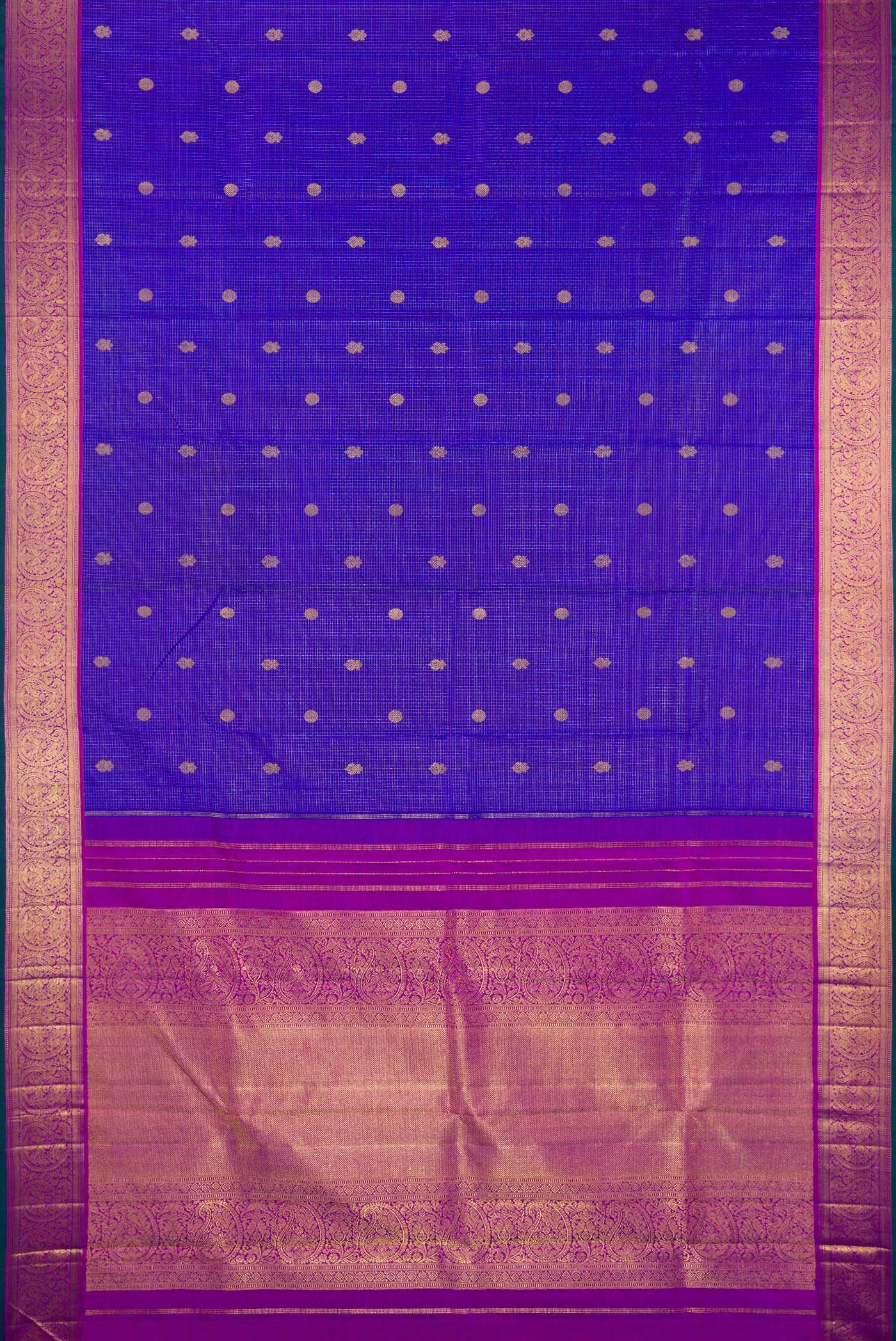 Flat view of Pure Silk Pure Zari Royal Blue Kanjivaram Saree with Checked design on the body and Zari Border. 