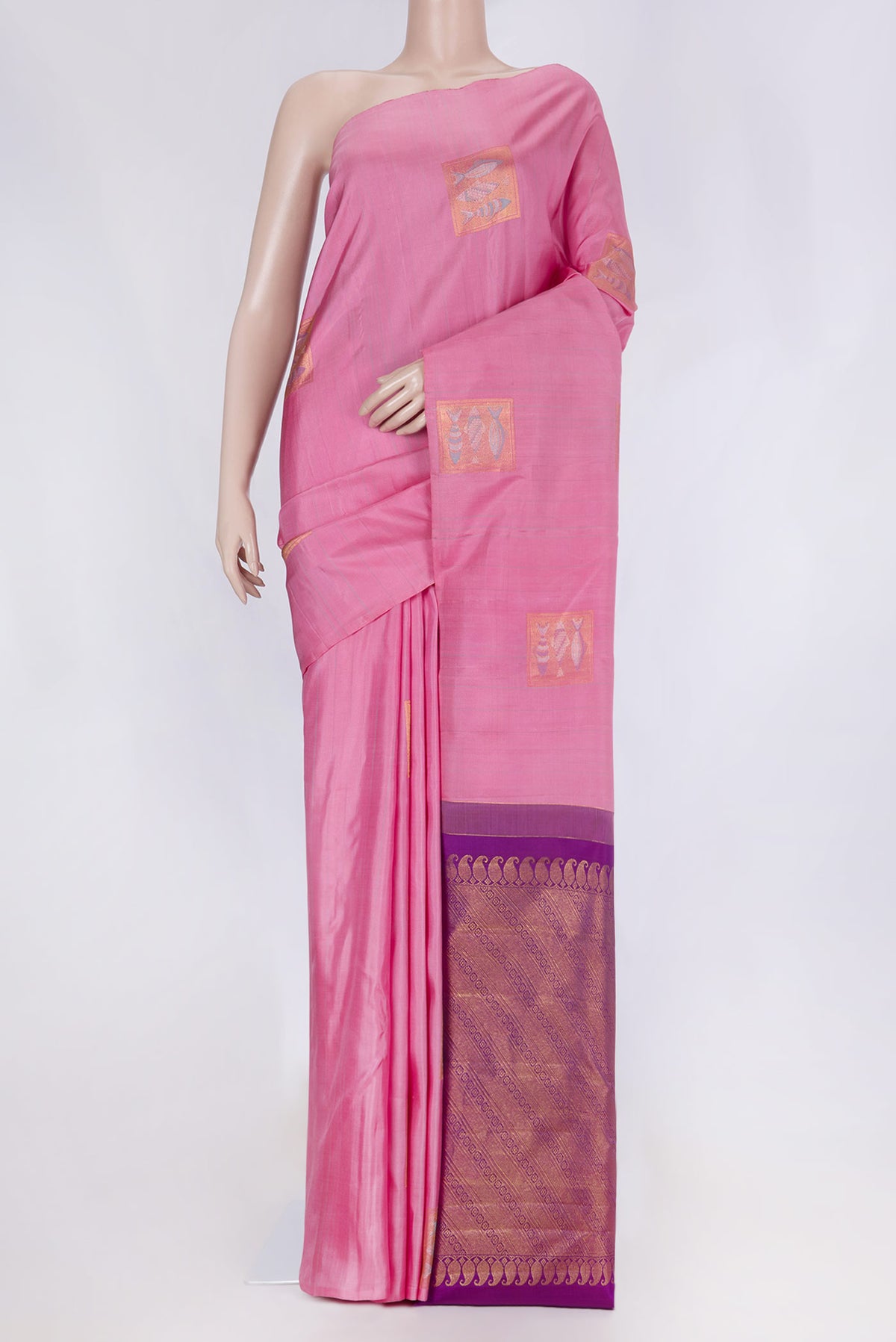 Pink Dual Tone Kanchipuram Silk Saree with Stripes on the body and Fancy Border displayed on a mannequin
