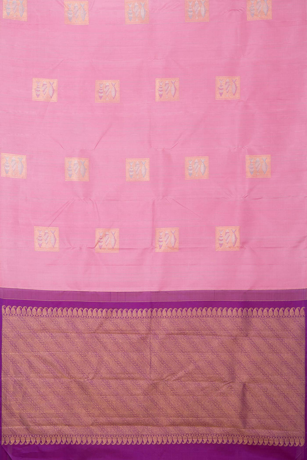 Flat view of Pink Dual Tone Kanchipuram Silk Saree with Stripes on the body and Fancy Border