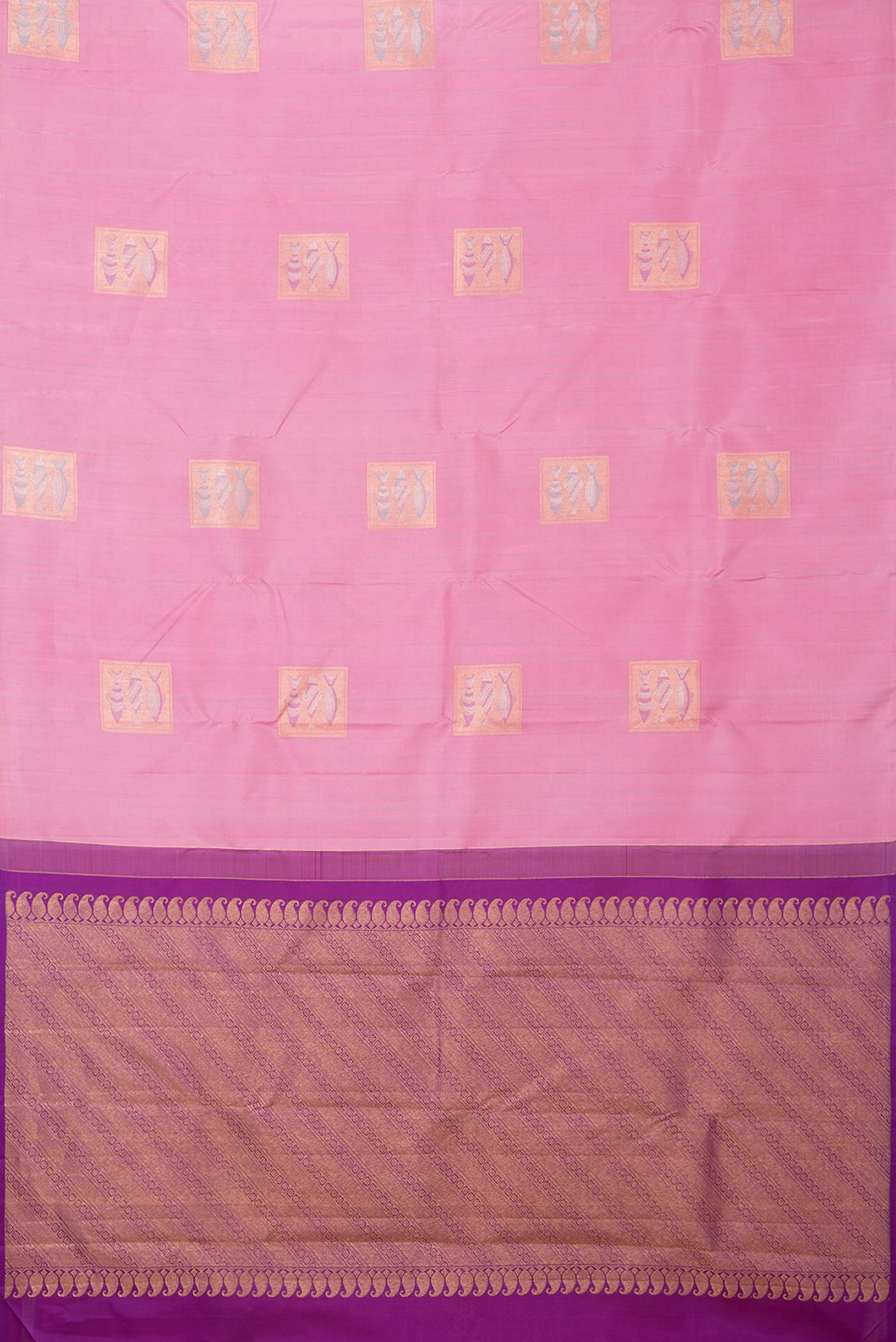 Flat view of Pink Dual Tone Kanchipuram Silk Saree with Stripes on the body and Fancy Border
