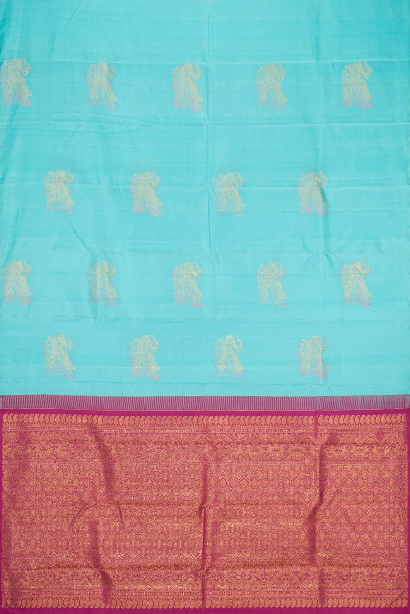 Flat view of Pure Silk Pure Zari Sky Blue Dual Tone Kanjivaram Saree with Zari Butta on the body and Without Border. 