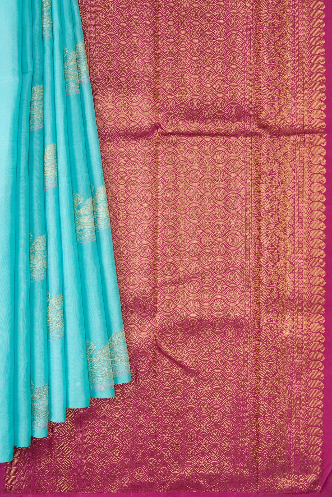 Pleats and pallu of Pure Silk Pure Zari Sky Blue Dual Tone Kanjivaram Saree with Zari Butta on the body and Without Border. 