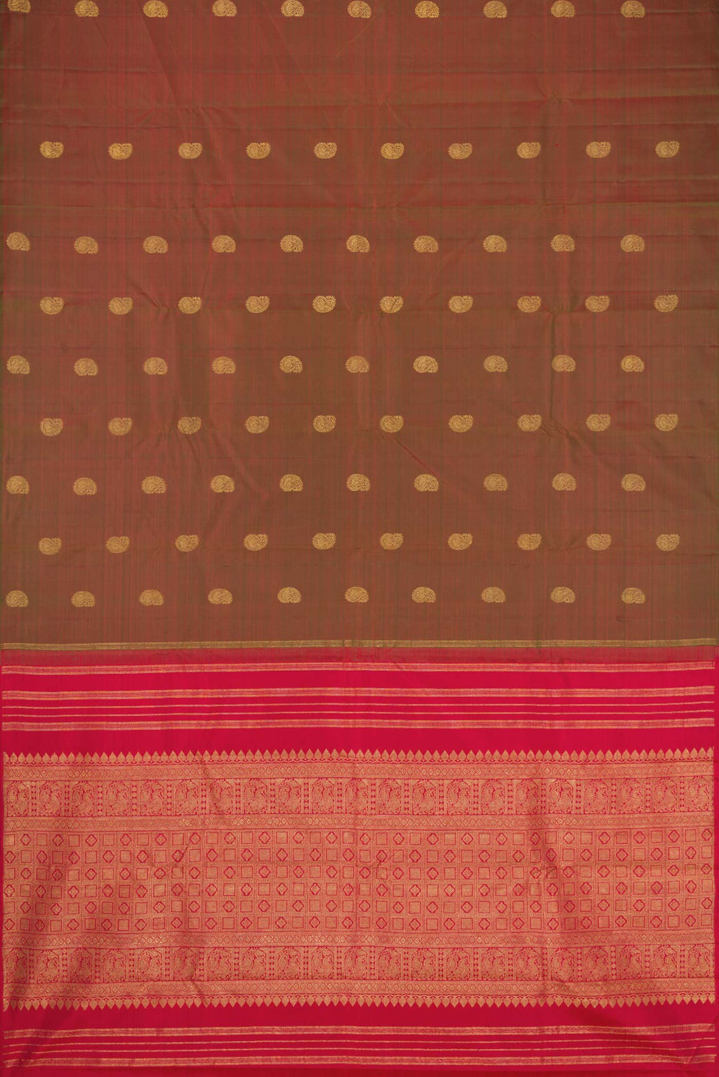 Flat view of Mehandi Green Dual Tone Kanchipuram Silk Saree with Zari Butta on the body and Without Border
