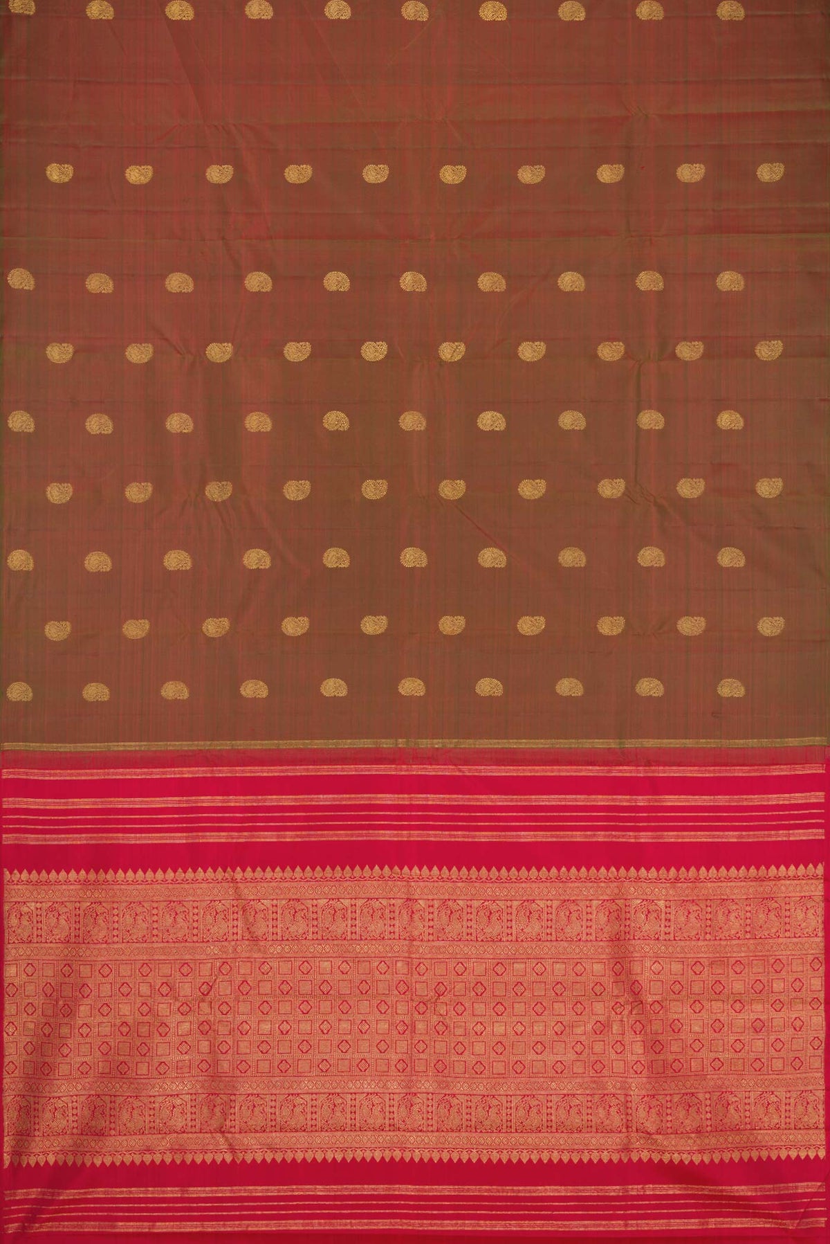 Flat view of Mehandi Green Dual Tone Kanchipuram Silk Saree with Zari Butta on the body and Without Border