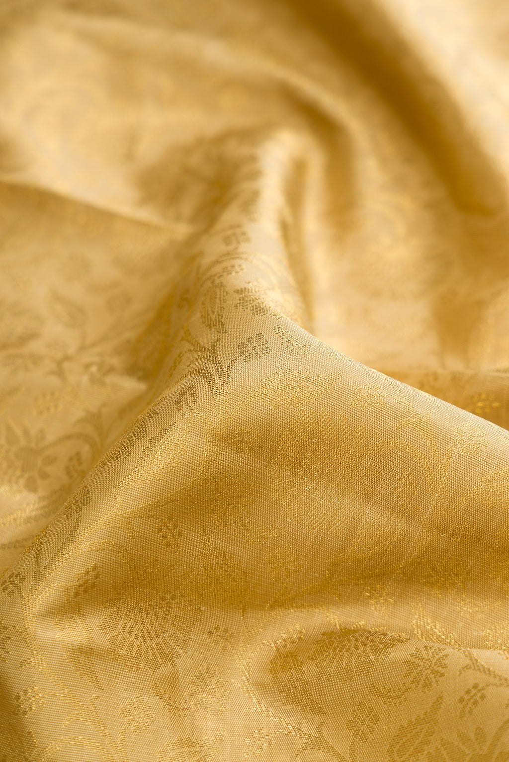 Close up of Pure Silk Pure Zari Gold Dual Tone Kanjivaram Saree with Zari Brocade on the body and Zari Border.  displaying folds