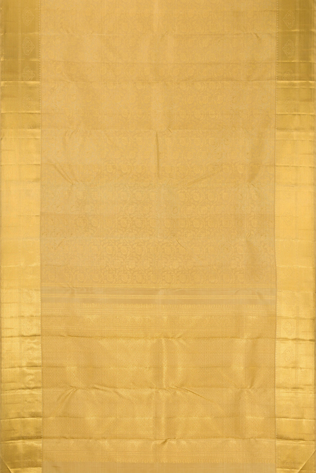 Flat view of Pure Silk Pure Zari Gold Dual Tone Kanjivaram Saree with Zari Brocade on the body and Zari Border. 