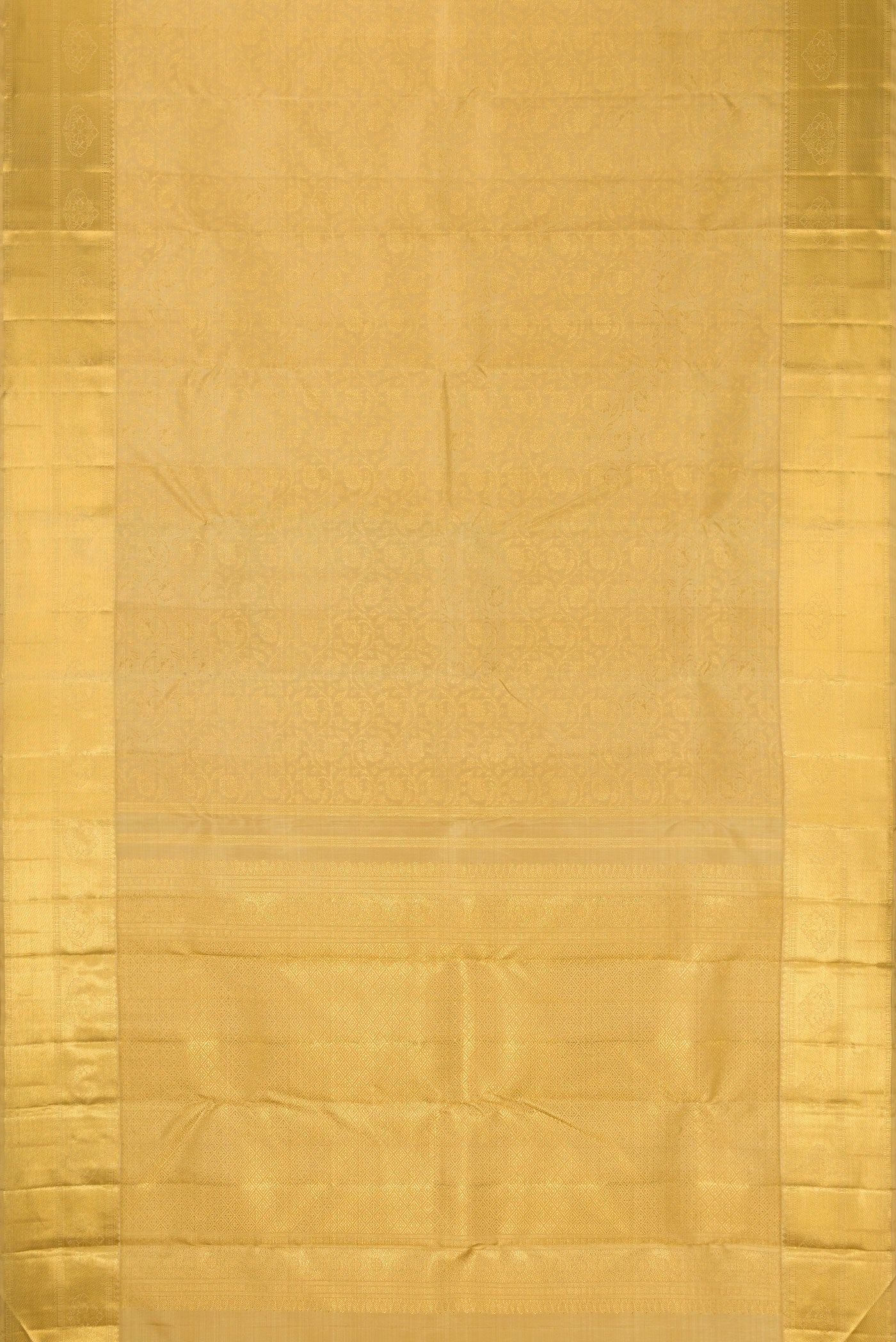 Flat view of Pure Silk Pure Zari Gold Dual Tone Kanjivaram Saree with Zari Brocade on the body and Zari Border. 