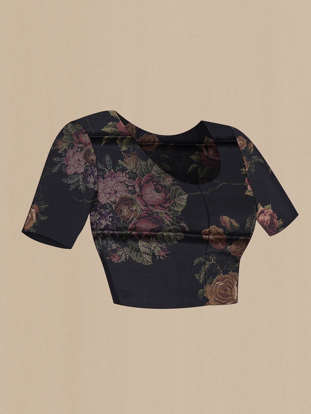 Close up image of the blouse of Black Dual Tone Mysore Crepe Saree with Printed design on the body and Without Border. 