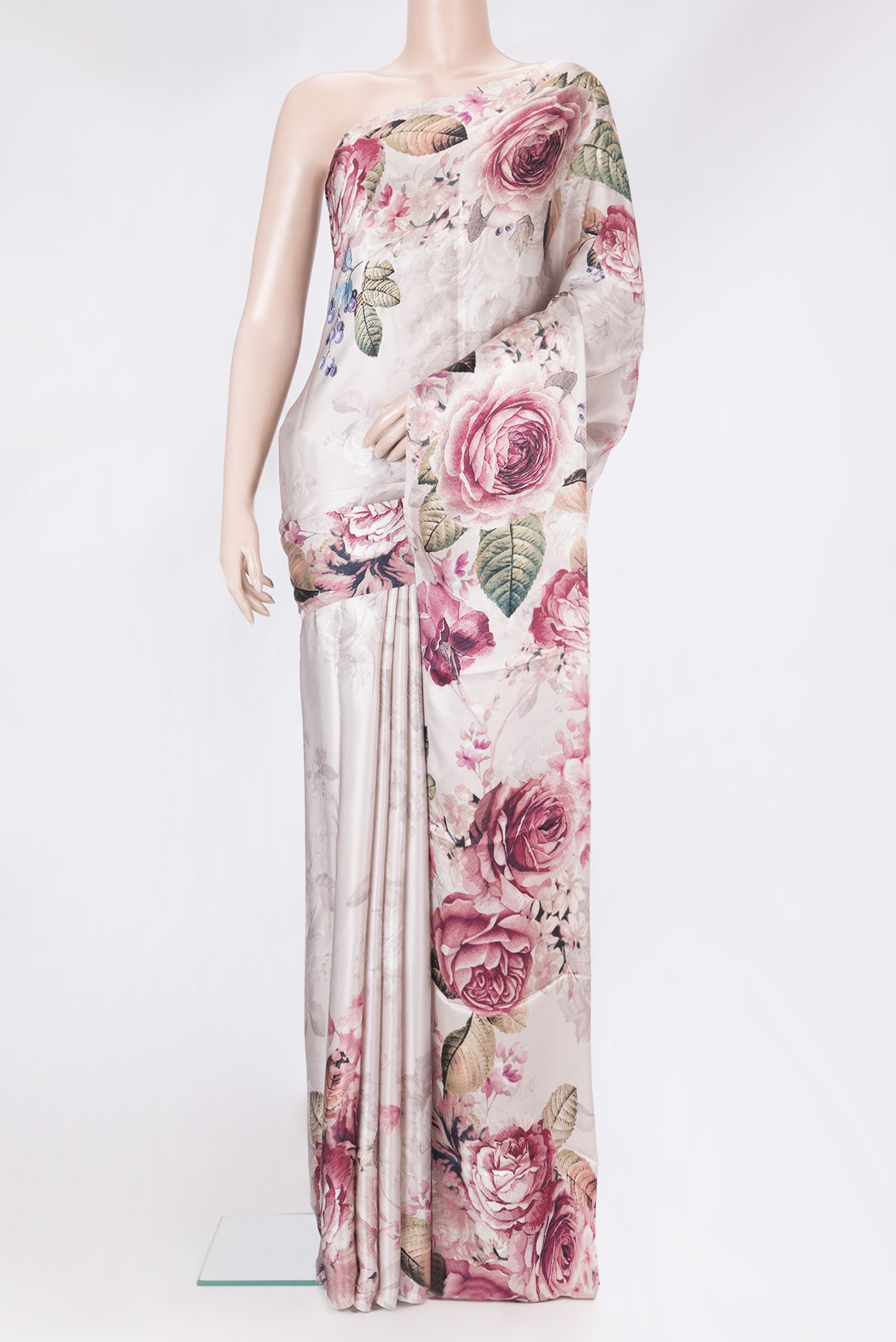 Rose Gold Dual Tone Crepe Saree with Floral Print on the body and Without Border.  displayed on a mannequin