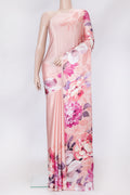 Rose Gold Dual Tone Mysore Crepe Saree with Printed design on the body and Without Border.  displayed on a mannequin