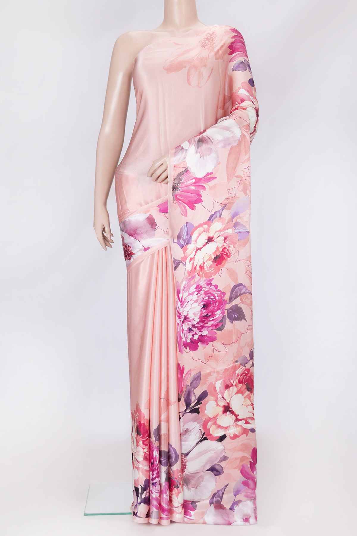 Rose Gold Dual Tone Mysore Crepe Saree with Printed design on the body and Without Border.  displayed on a mannequin
