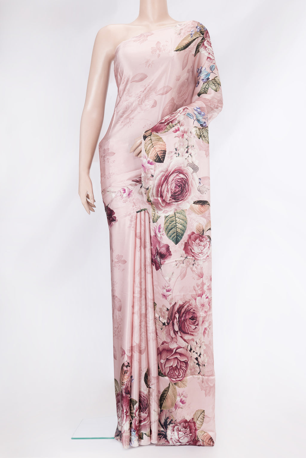 Rose Gold Dual Tone Mysore Crepe Saree with Printed design on the body and Without Border.  displayed on a mannequin