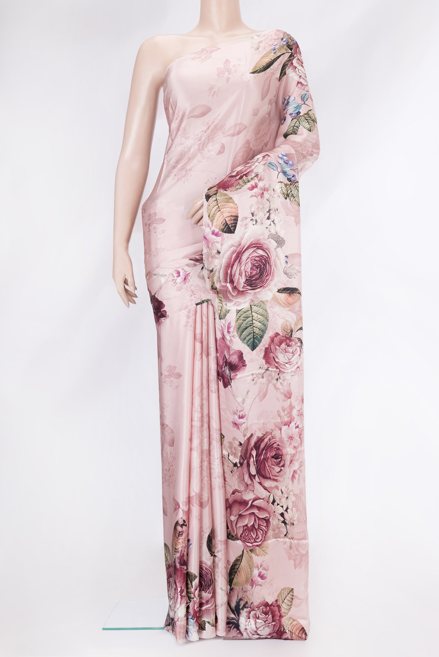 Rose Gold Dual Tone Mysore Crepe Saree with Printed design on the body and Without Border.  displayed on a mannequin