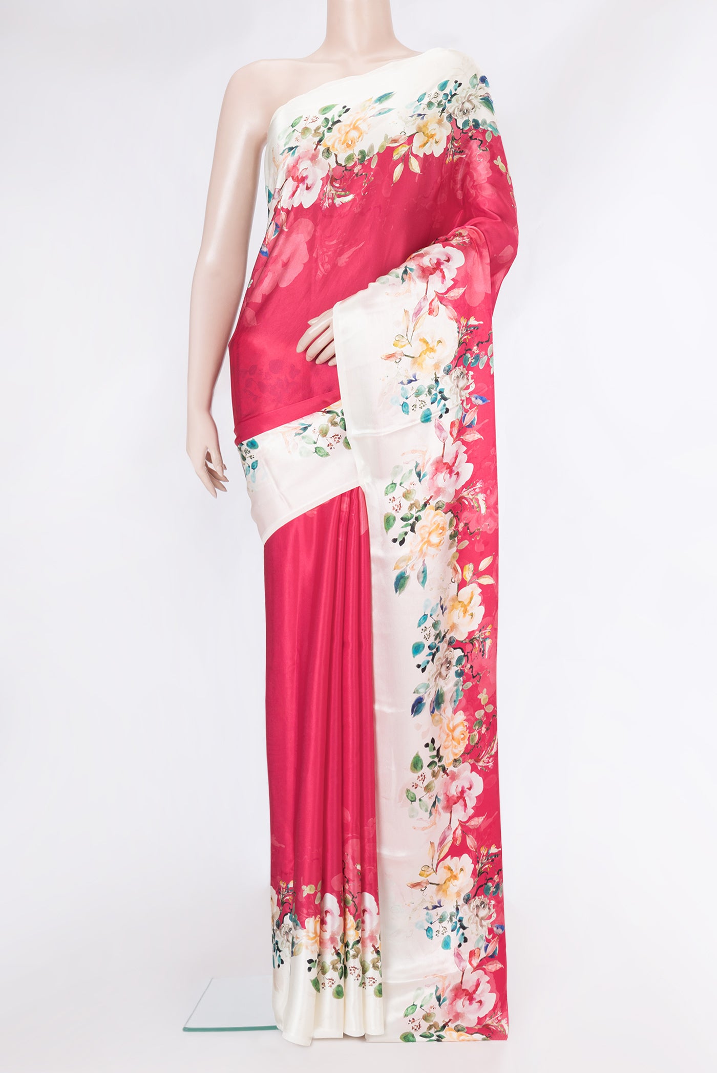 Pink Dual Tone Mysore Crepe Saree with Plain Body and Fancy Border.  displayed on a mannequin