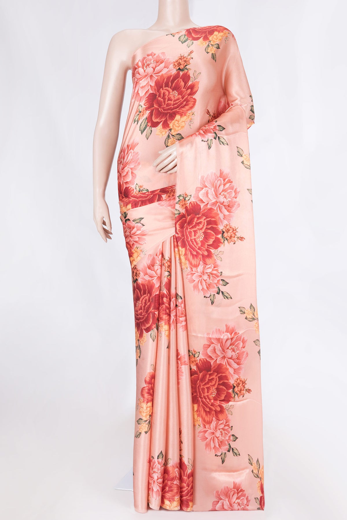 Peach Satin Silk Saree with Floral Print on the body and Without Border displayed on a mannequin