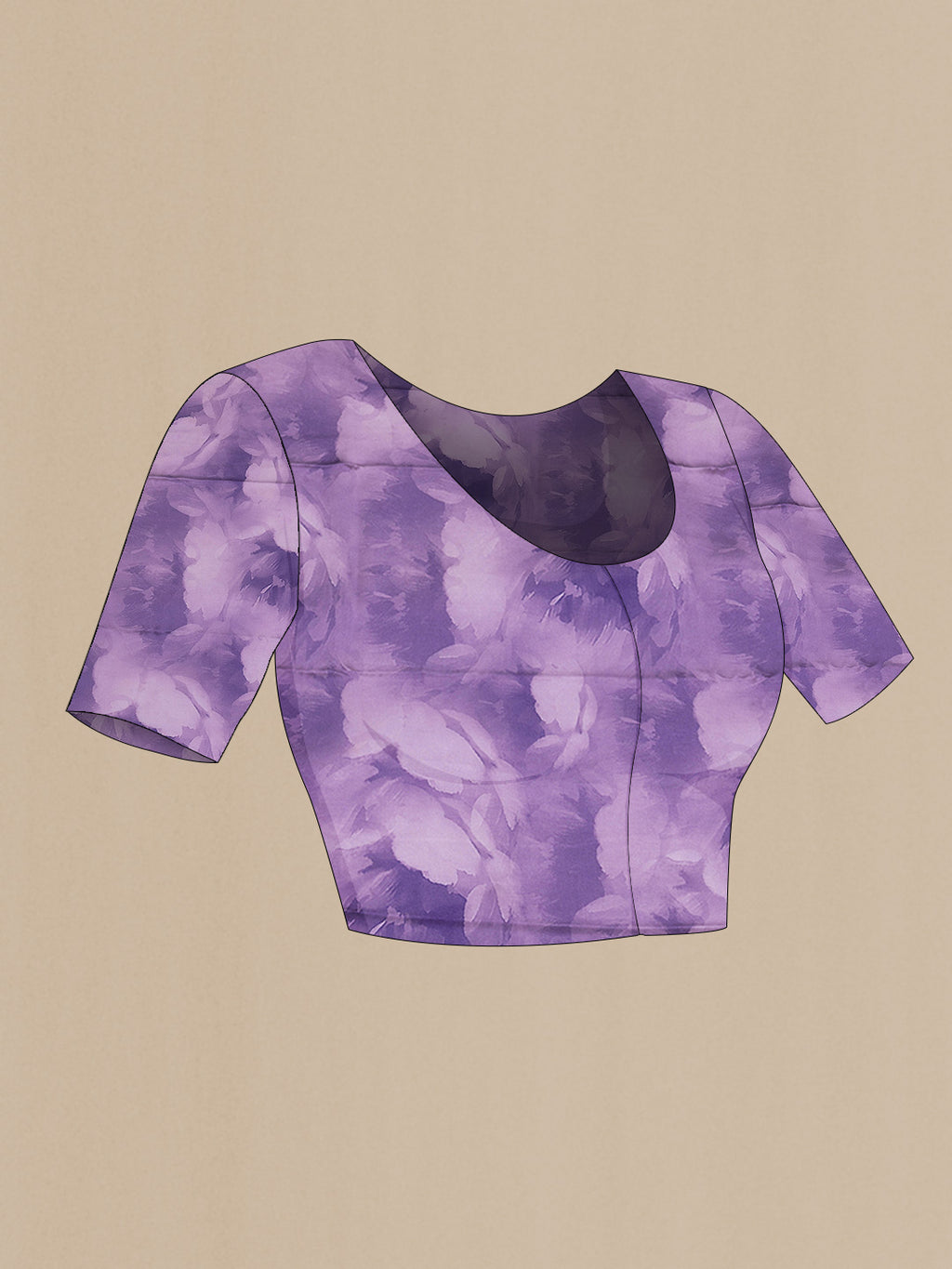 Close up image of the blouse of Lavender Satin Silk Saree with Floral Print on the body and Without Border