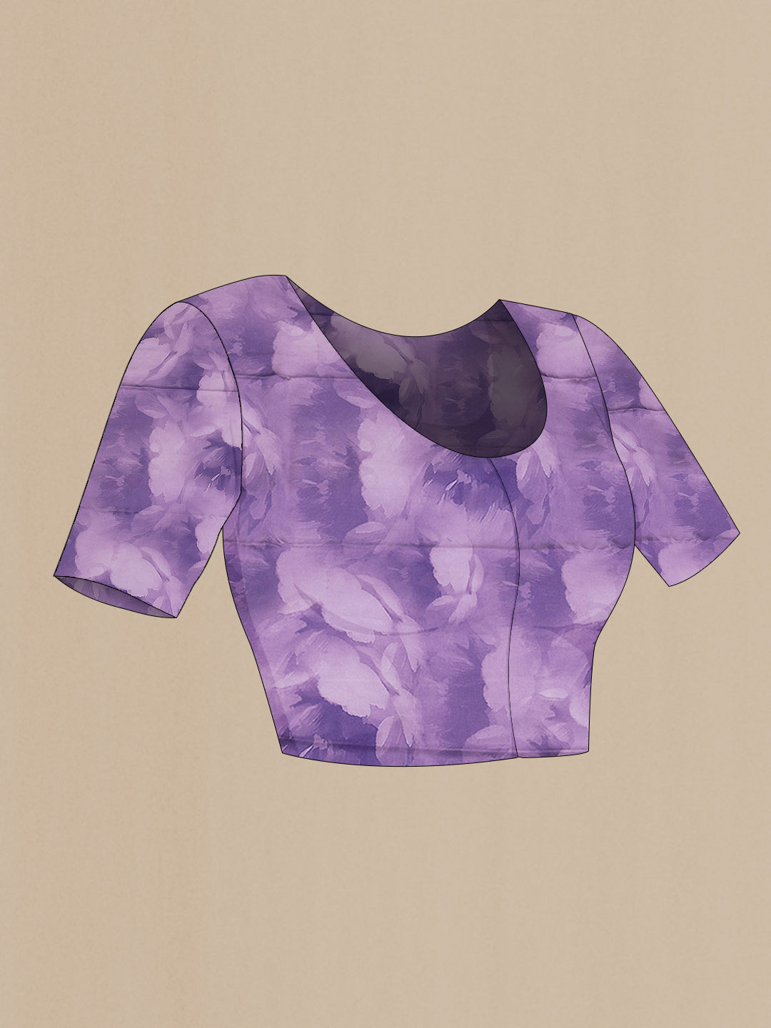 Close up image of the blouse of Lavender Satin Silk Saree with Floral Print on the body and Without Border
