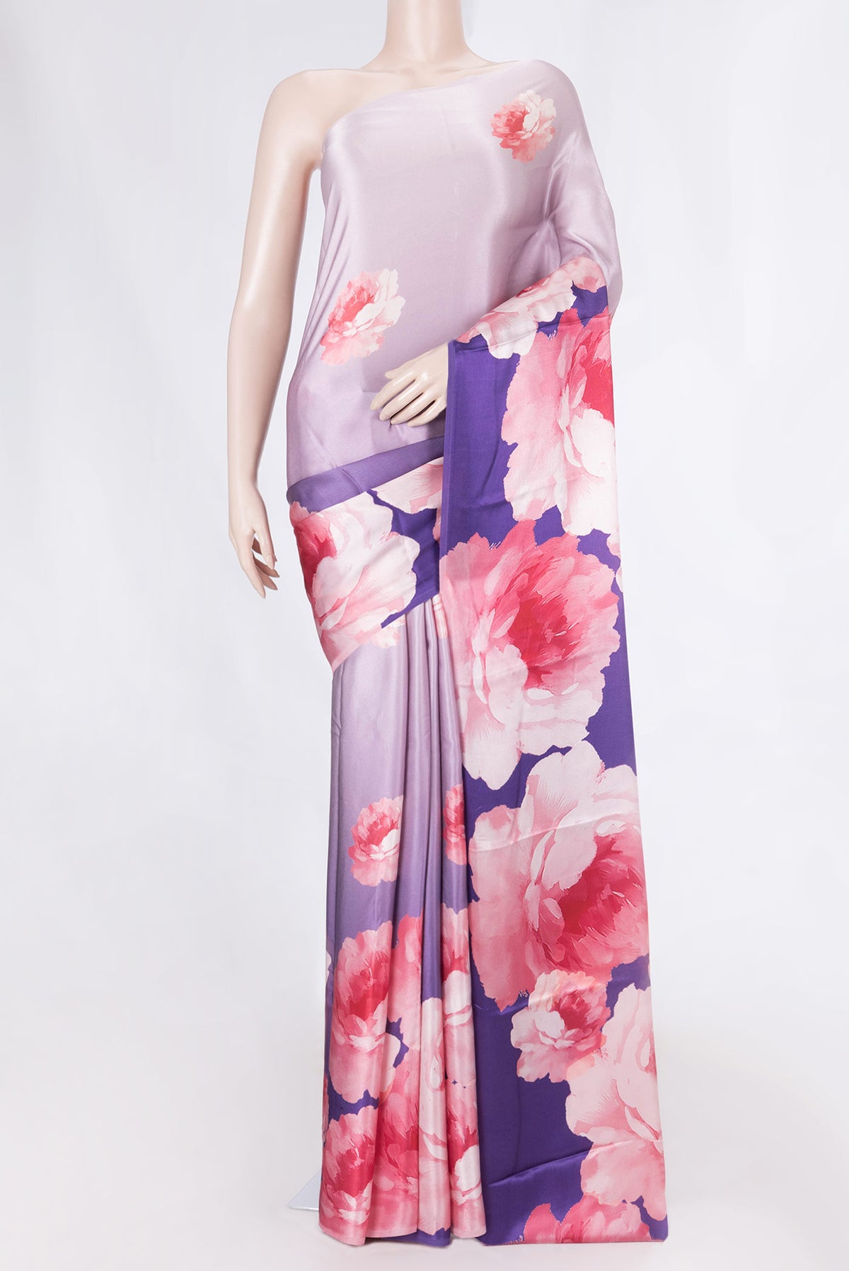 Lavender Satin Silk Saree with Floral Print on the body and Without Border displayed on a mannequin