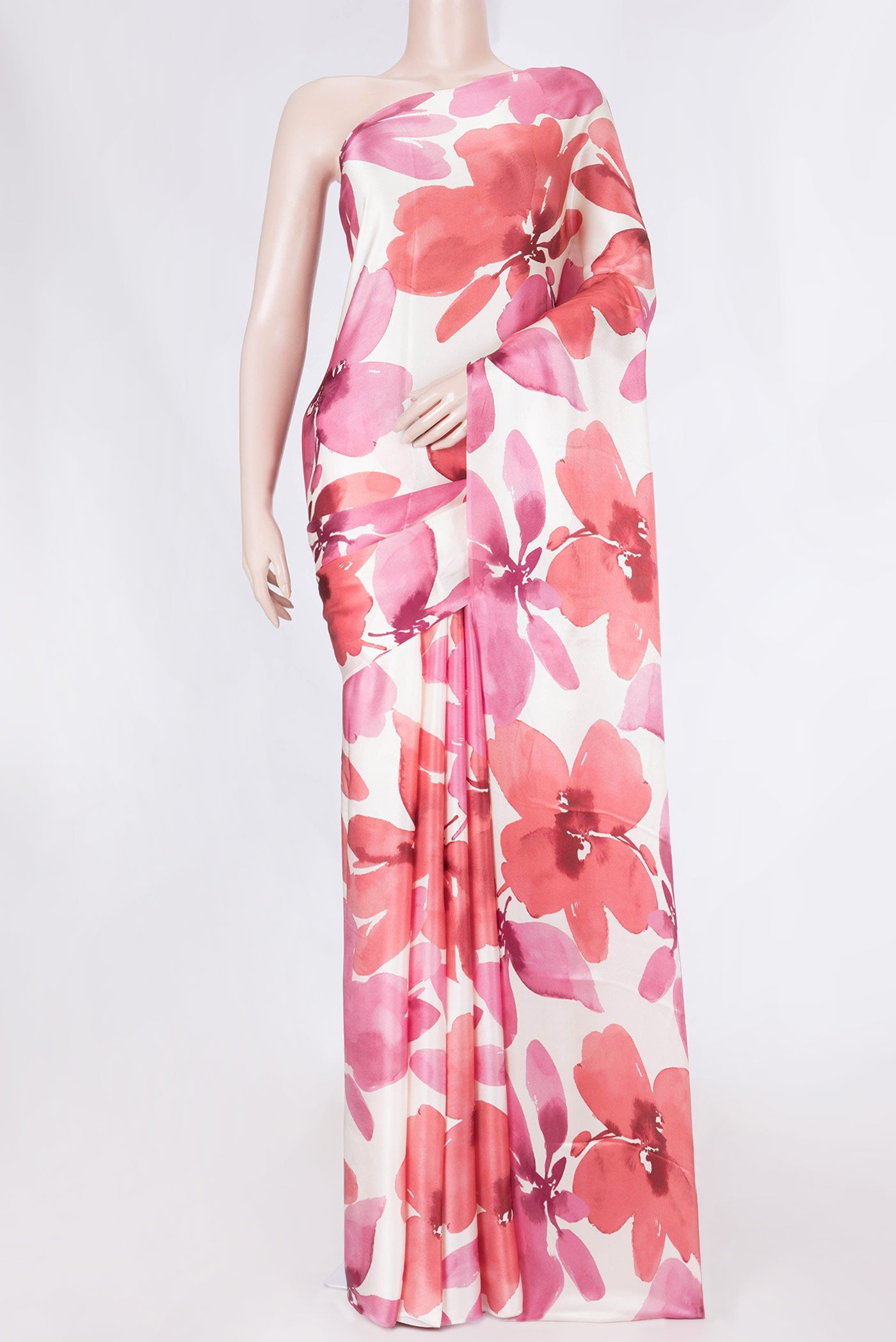Off White Satin Silk Saree with Floral Print on the body and Without Border displayed on a mannequin