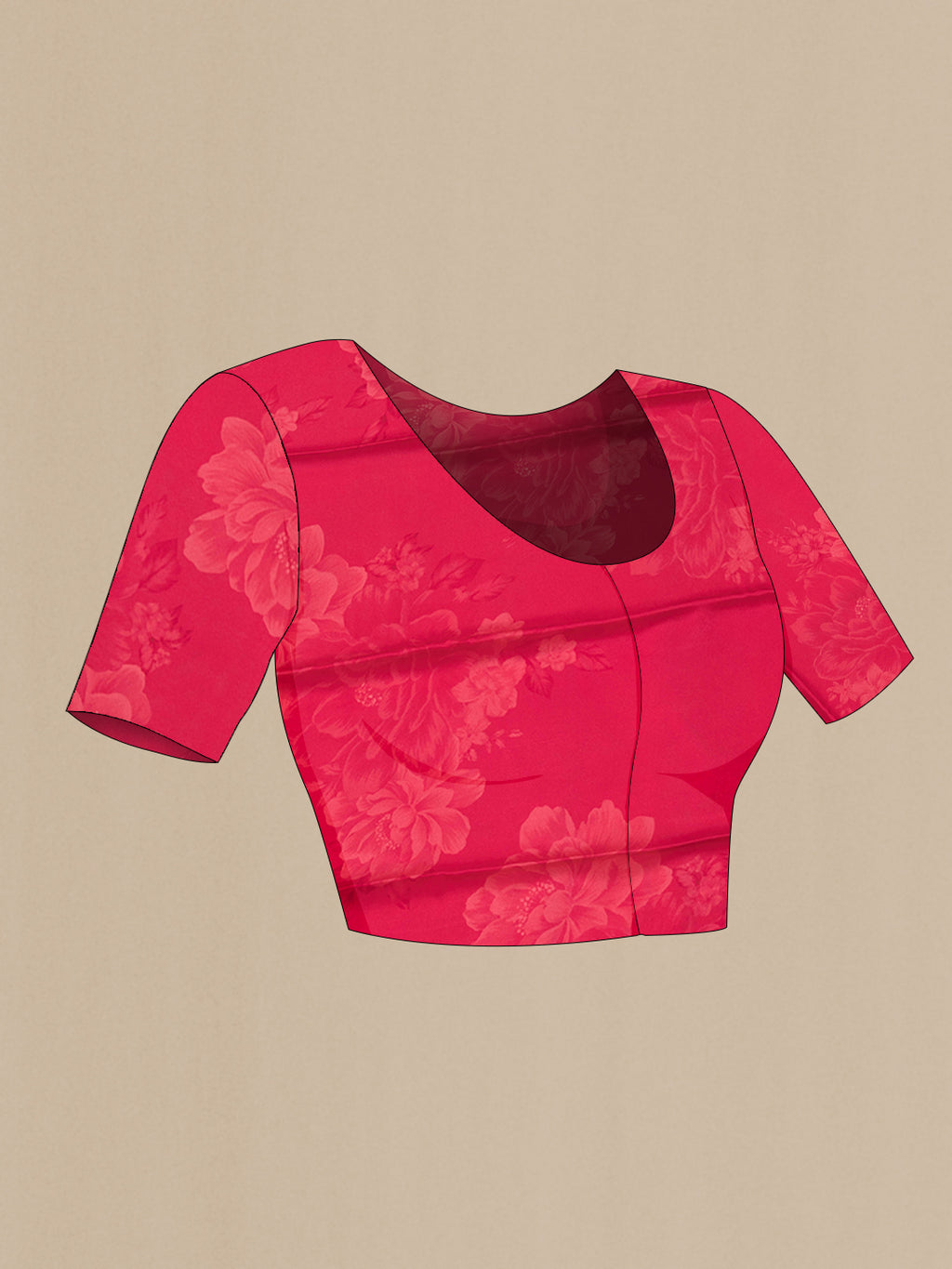 Close up image of the blouse of Pink Dual Tone Mysore Crepe Saree with Printed design on the body and Without Border. 