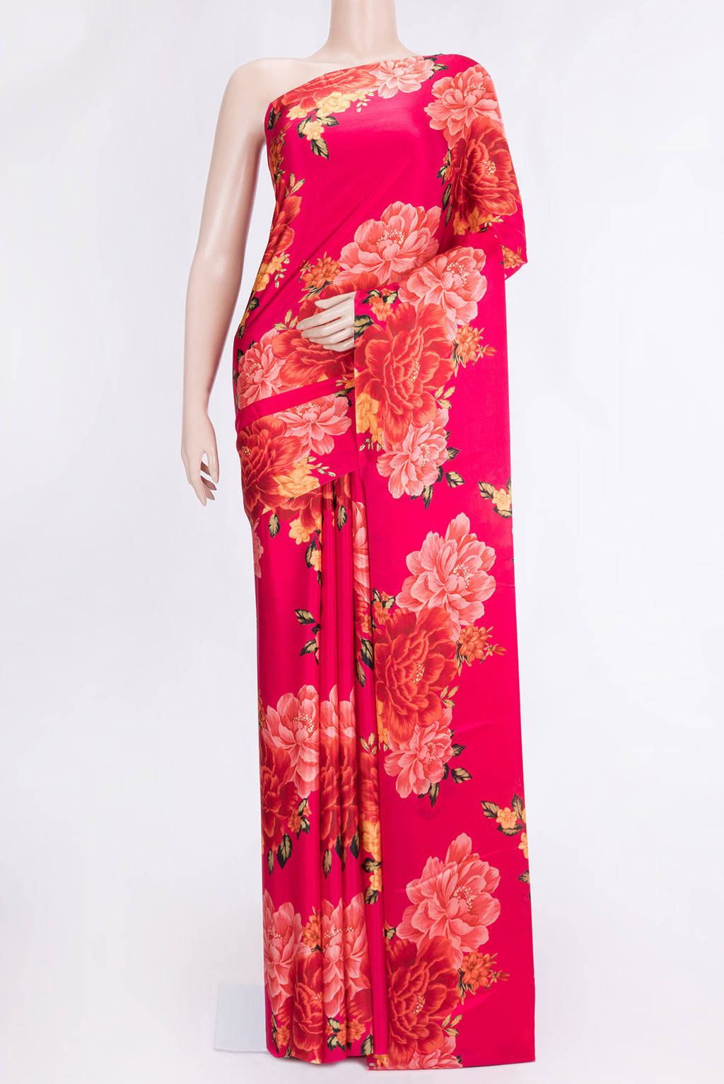 Pink Dual Tone Mysore Crepe Saree with Printed design on the body and Without Border.  displayed on a mannequin