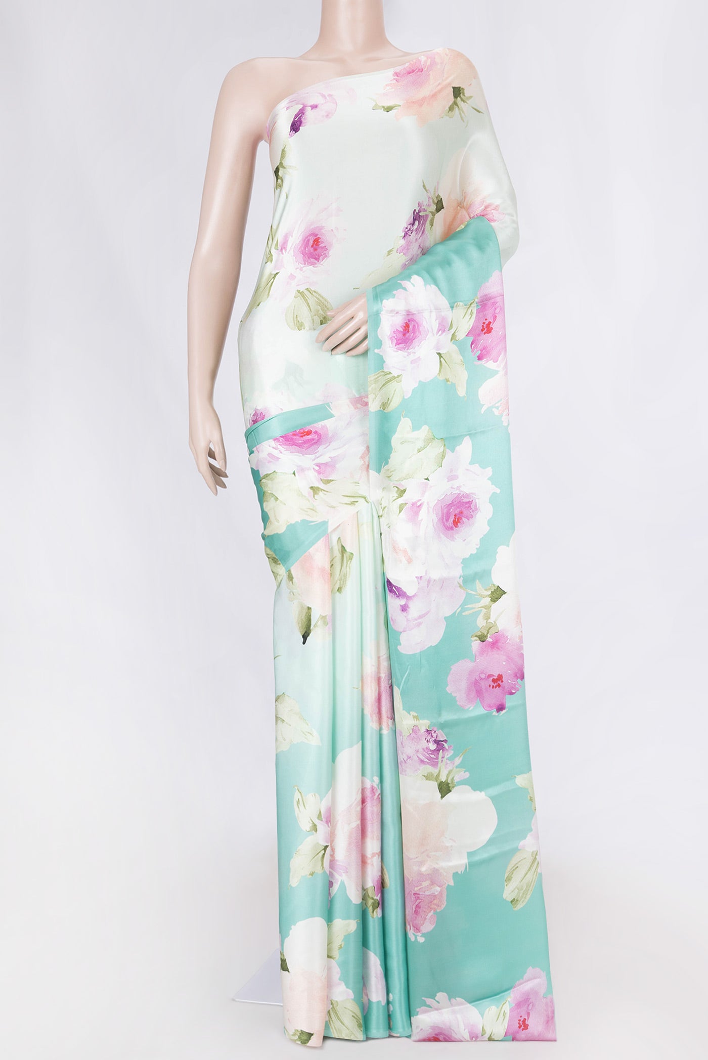 Light Blue Satin Silk Saree with Floral Print on the body and Without Border displayed on a mannequin