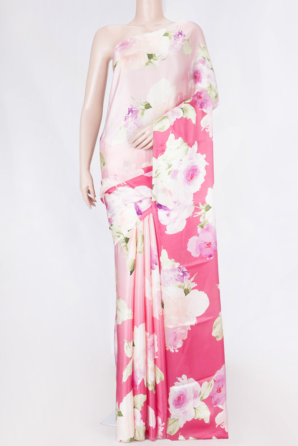 Multi Color Satin Silk Saree with Ombre design on the body and Without Border displayed on a mannequin