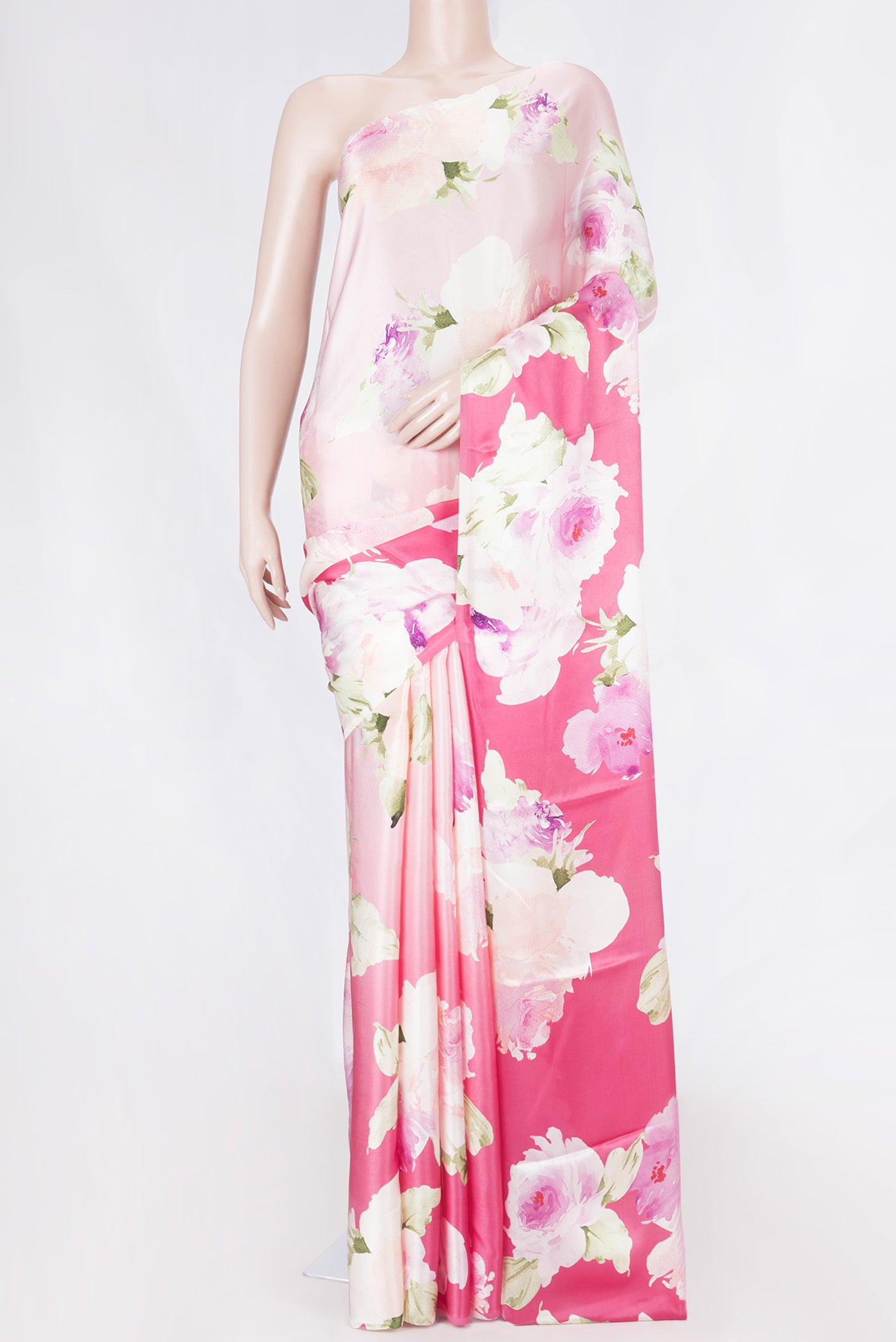 Multi Color Satin Silk Saree with Ombre design on the body and Without Border displayed on a mannequin