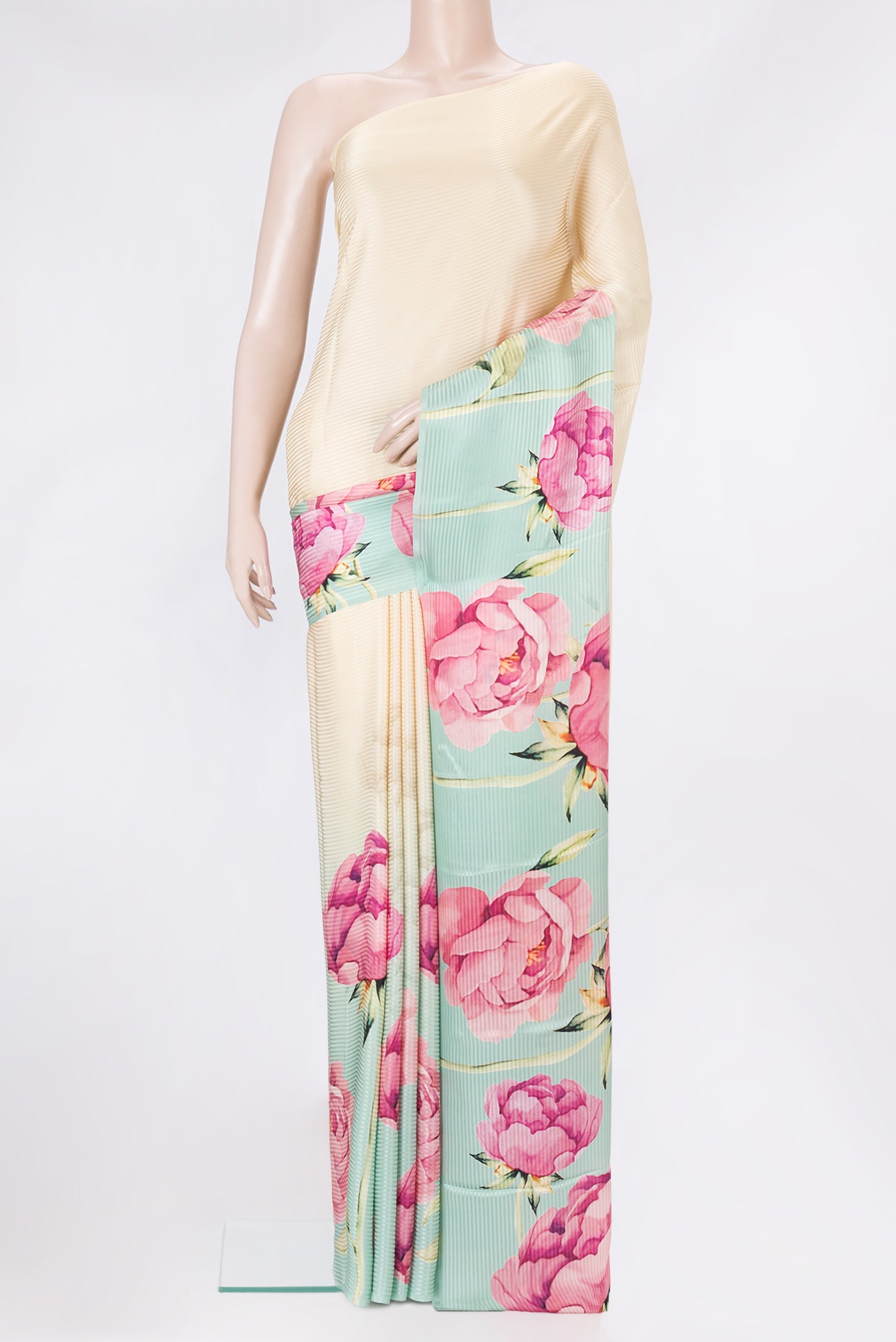 Sea Green Dual Tone Crepe Saree with Printed design on the body and Without Border.  displayed on a mannequin