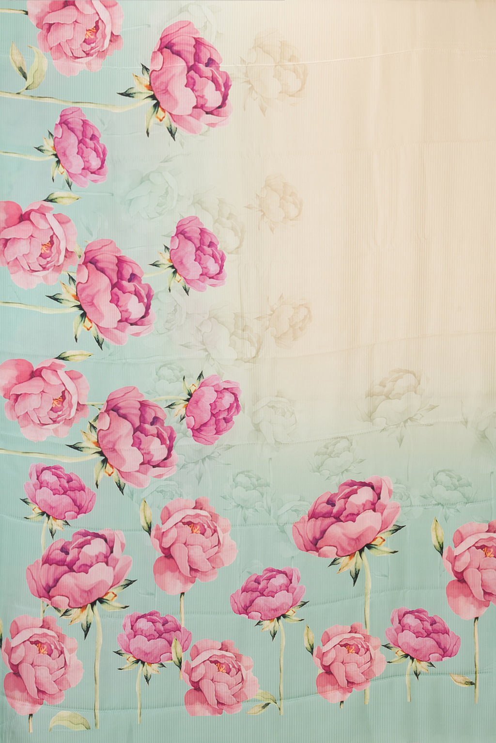 Flat view of Sea Green Dual Tone Crepe Saree with Printed design on the body and Without Border. 