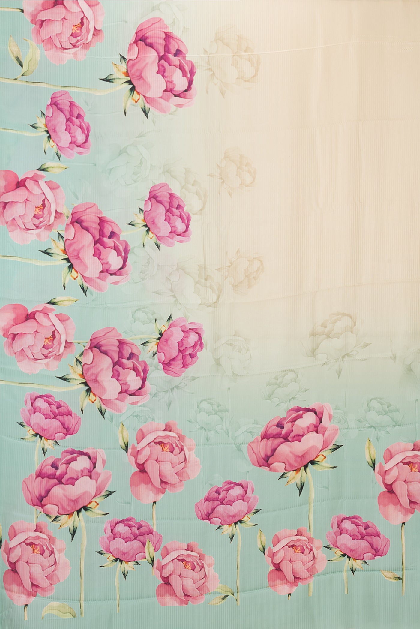 Flat view of Sea Green Dual Tone Crepe Saree with Printed design on the body and Without Border. 