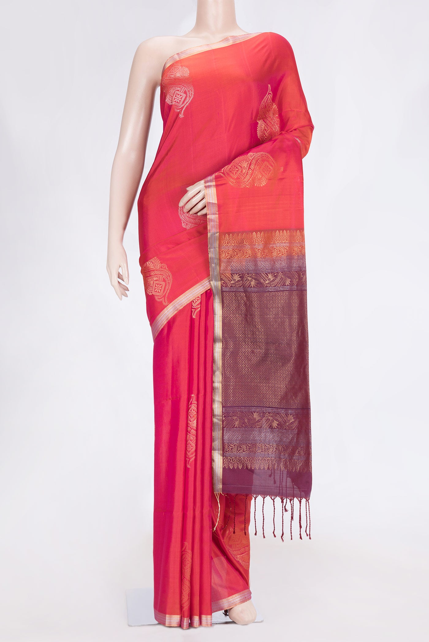 Pink Dual Tone Soft Silk Saree with Zari Butta on the body and Zari Border.  displayed on a mannequin