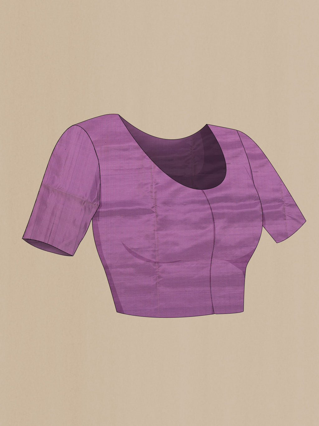 Close up image of the blouse of Purple Dual Tone Soft Silk Saree with Zari Butta on the body and Thin Zari Line. 