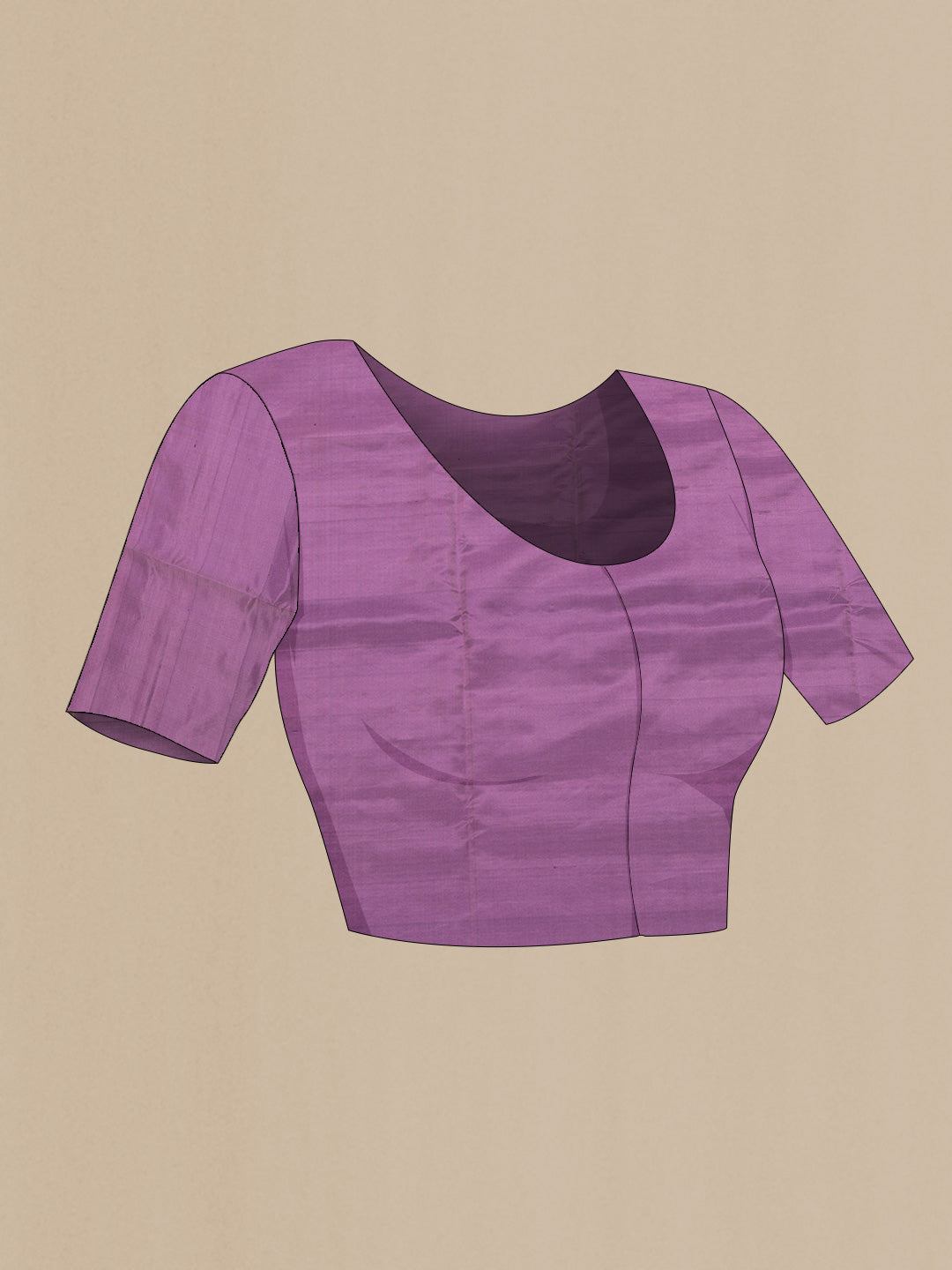 Close up image of the blouse of Purple Dual Tone Soft Silk Saree with Zari Butta on the body and Thin Zari Line. 