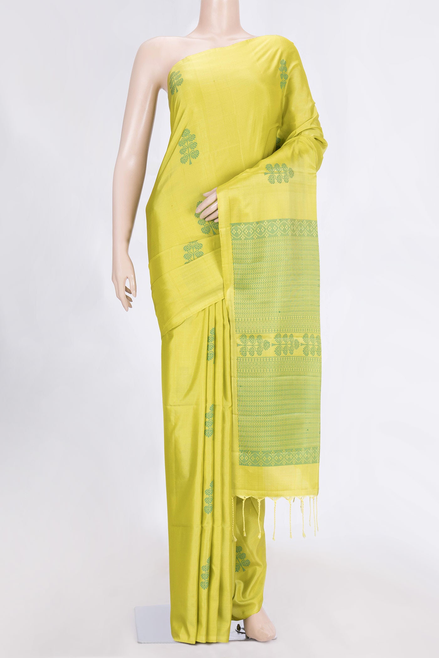 Lemon Yellow Dual Tone Soft Silk Saree with Thread Butta on the body and Without Border.  displayed on a mannequin