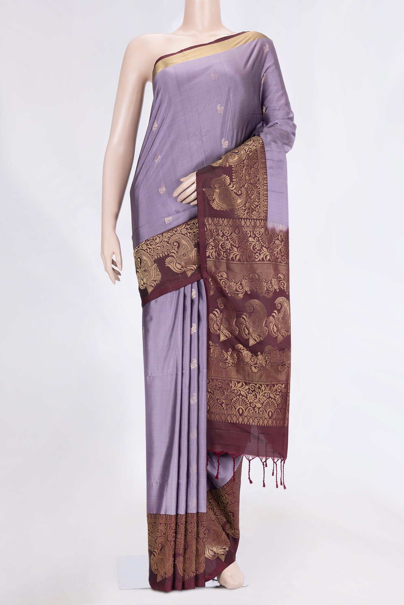 Purple Dual Tone Soft Silk Saree with Zari Butta on the body and Zari Border.  displayed on a mannequin