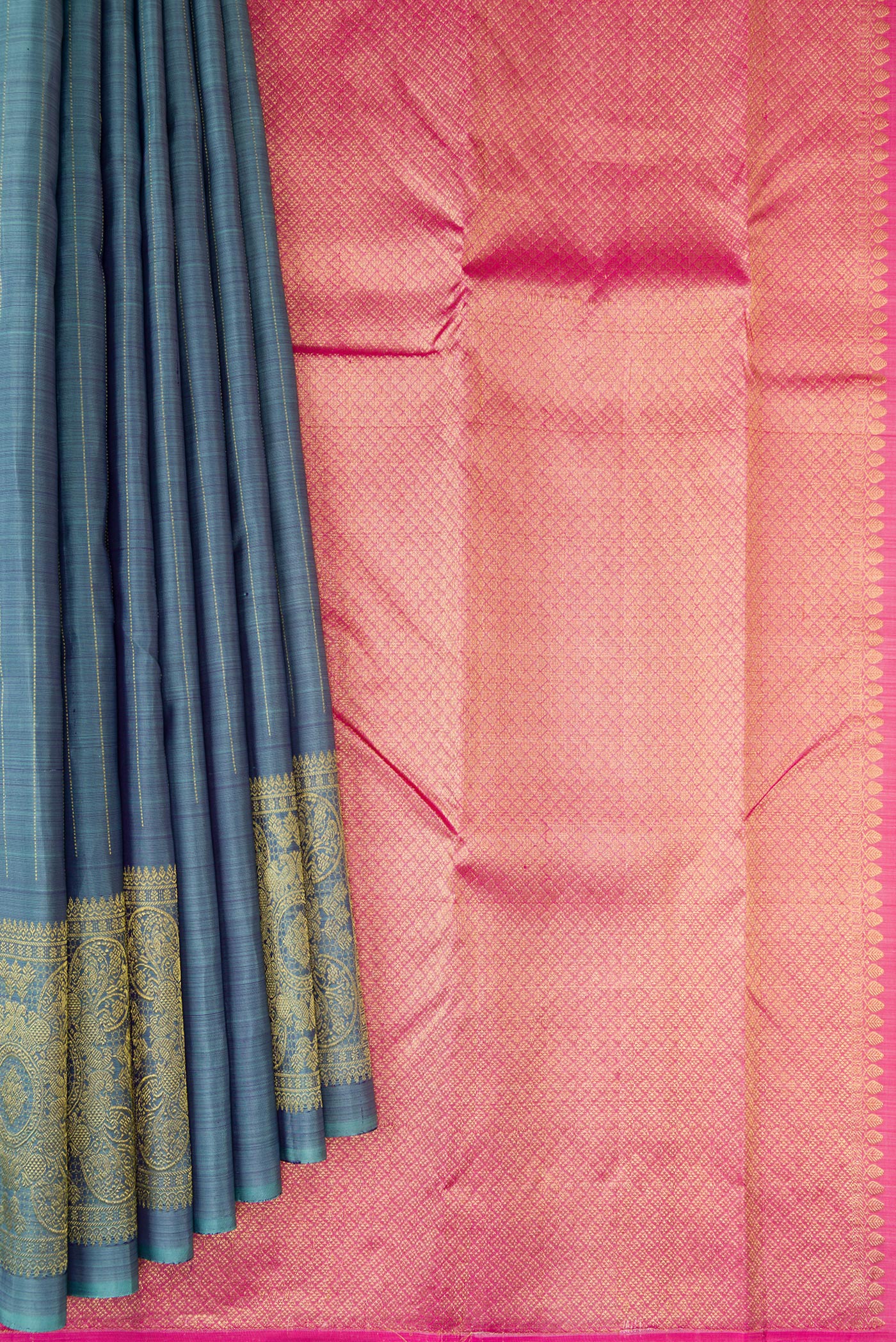 Pleats and pallu of Blue Grey Kanjivaram Silk Saree with Stripes on the body and Without Border. 