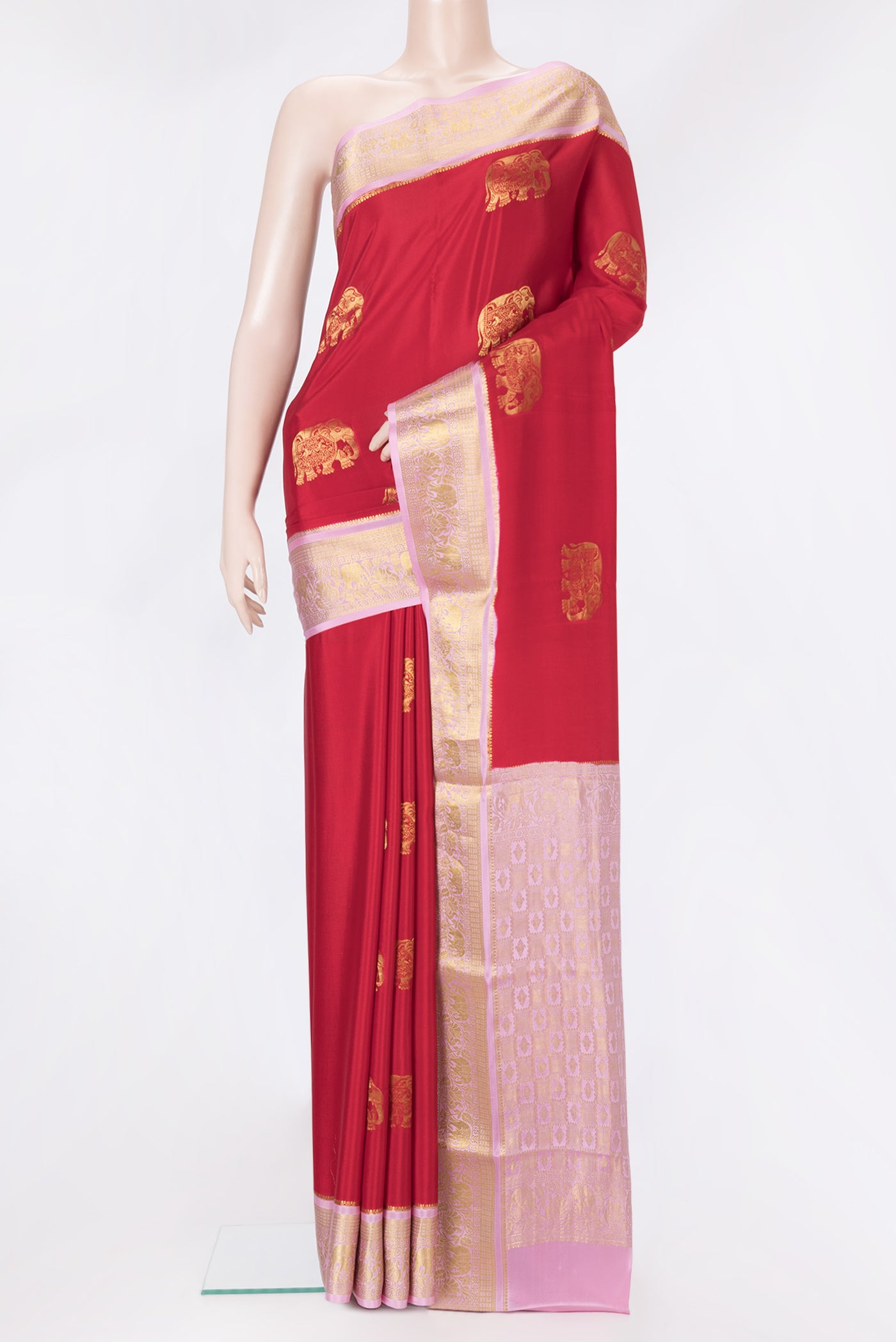 Red Dual Tone Mysore Silk Saree with Zari Butta on the body and Zari Border.  displayed on a mannequin