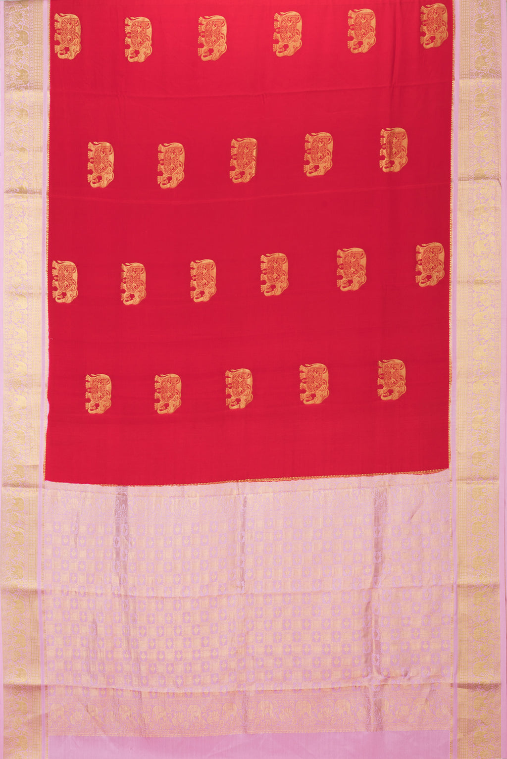 Flat view of Red Dual Tone Mysore Silk Saree with Zari Butta on the body and Zari Border. 