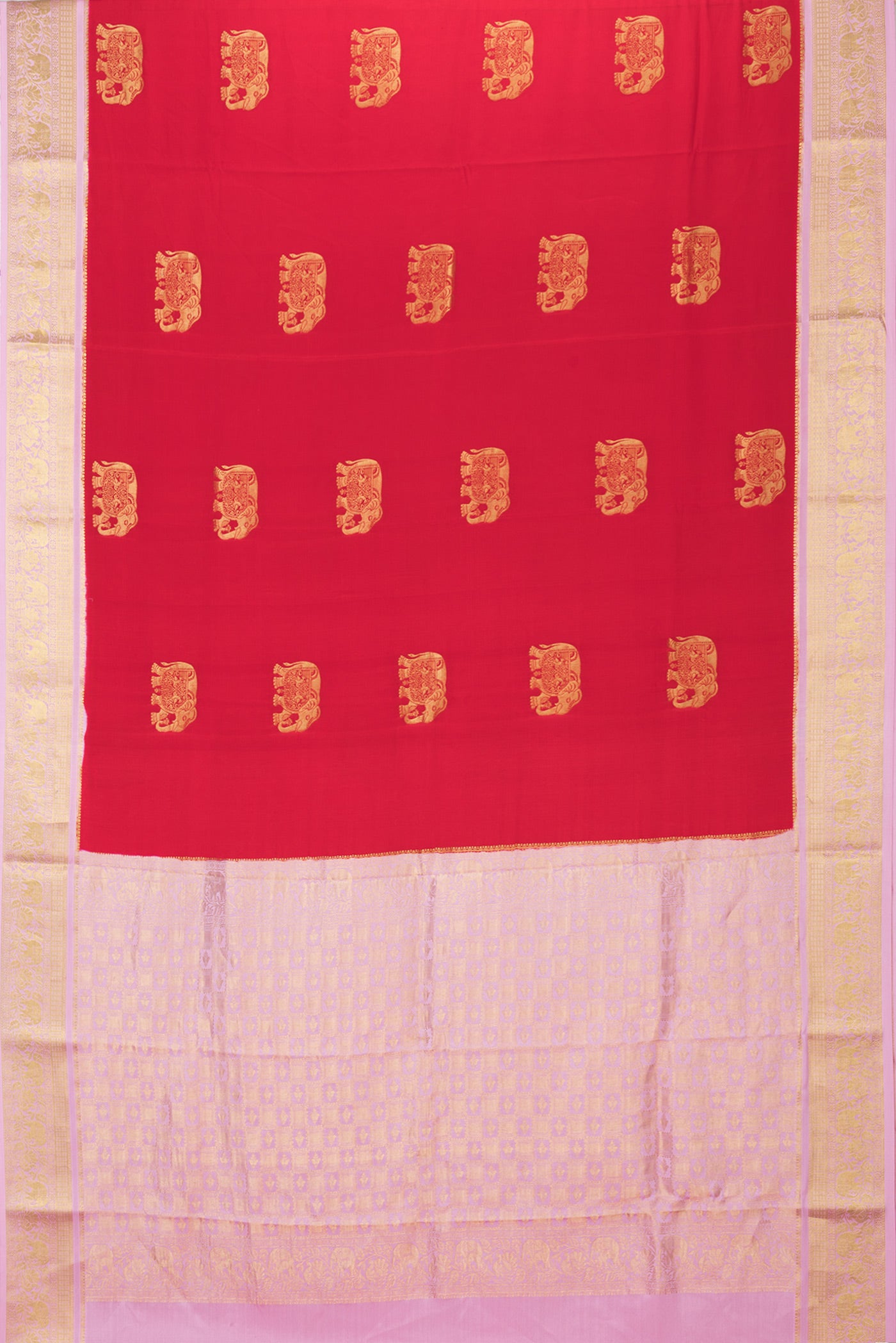 Flat view of Red Dual Tone Mysore Silk Saree with Zari Butta on the body and Zari Border. 