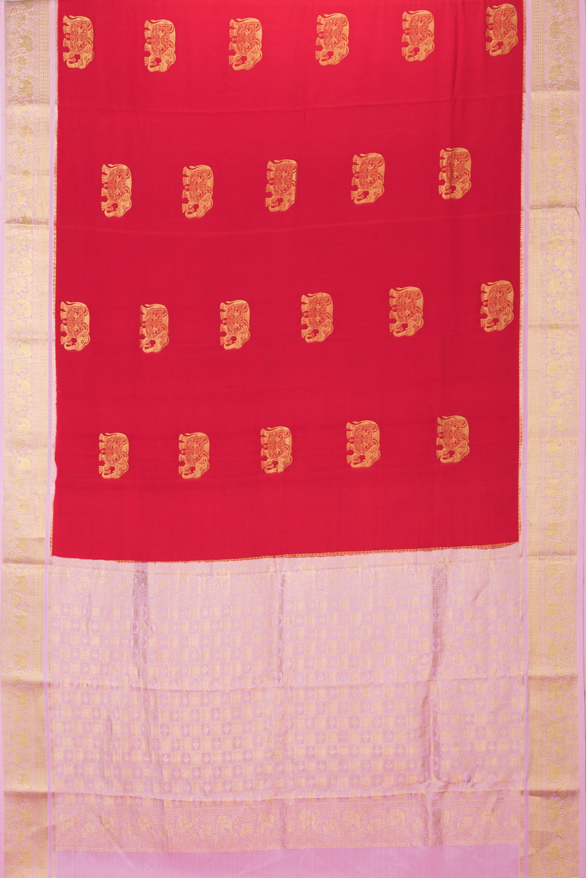 Flat view of Red Dual Tone Mysore Silk Saree with Zari Butta on the body and Zari Border. 