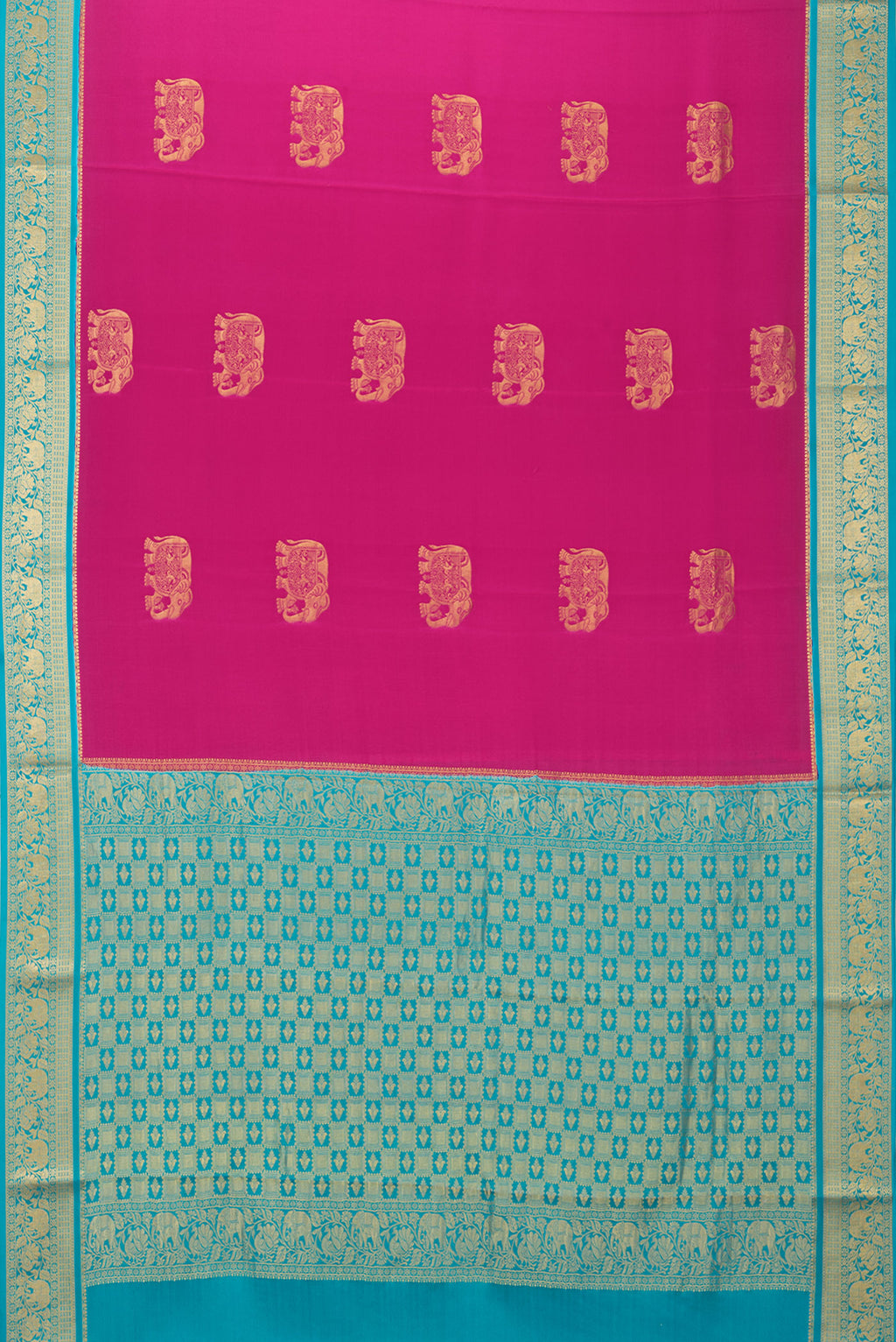 Flat view of Dark Pink Mysore Silk Saree with Zari Butta on the body and Zari Border. 